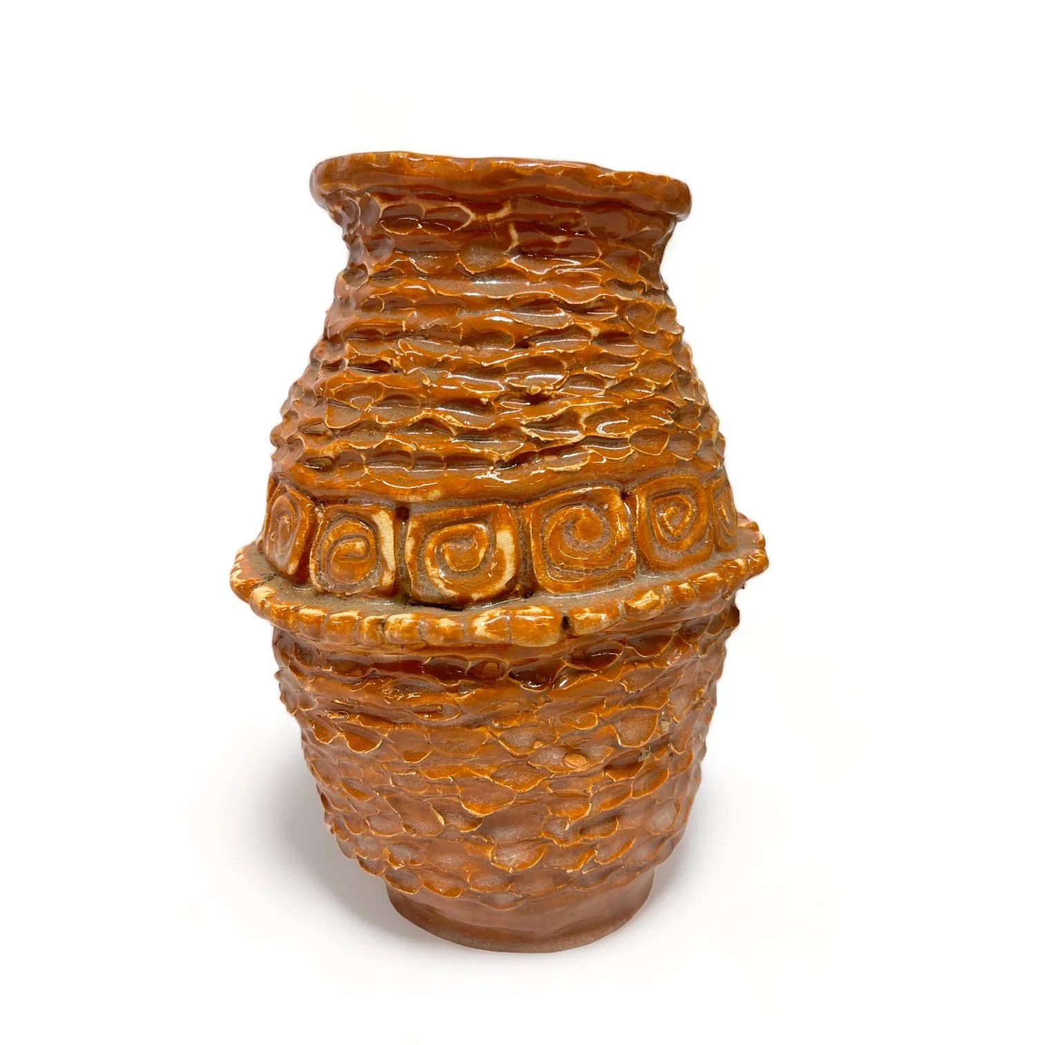 Vintage glazed studio pottery vase, geometric southwestern design, earth tone color, 1970s signed and dated by artist, unique design