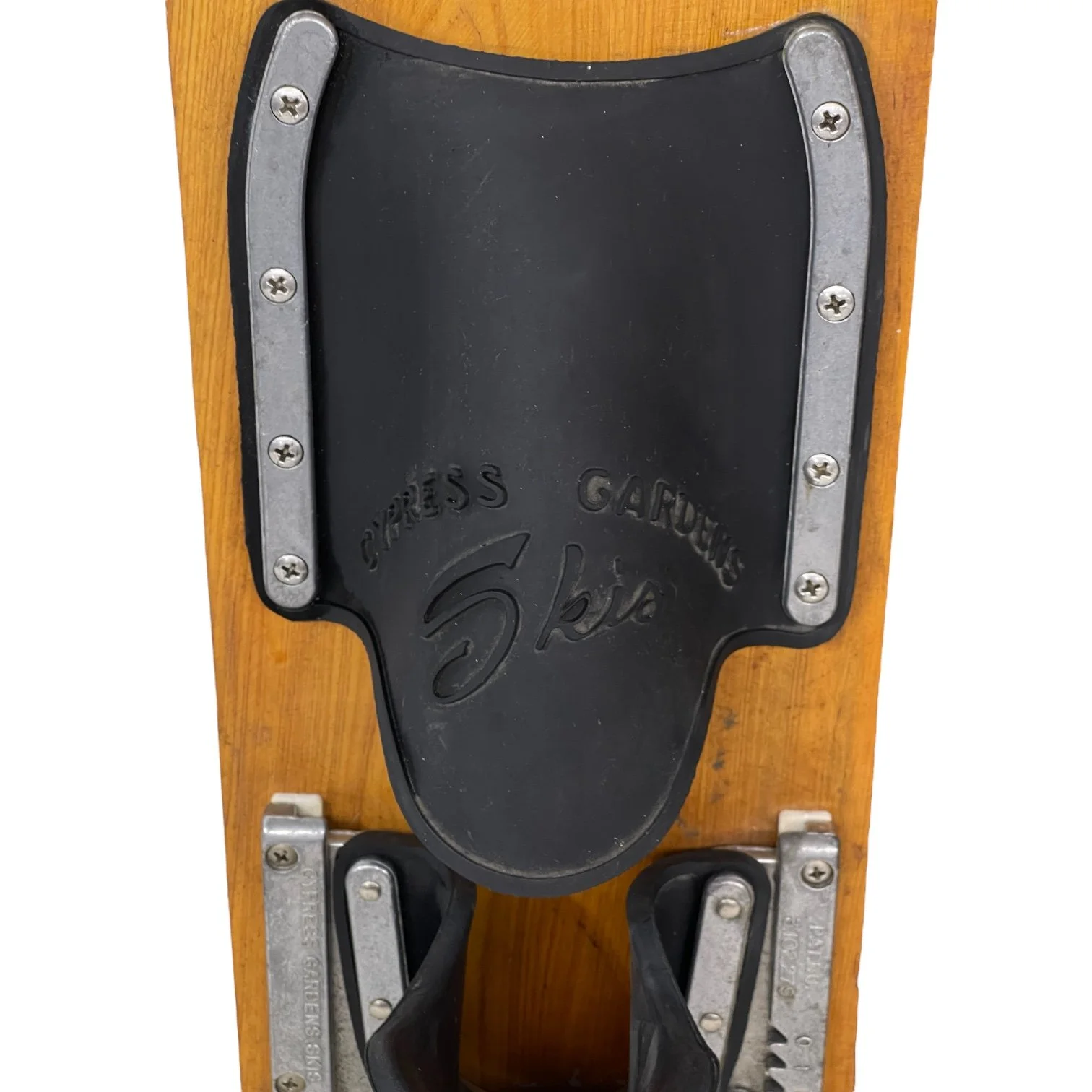 Vintage pair of Cypress Gardens trick wooden water skis, 19 3/4 inches with bindings.