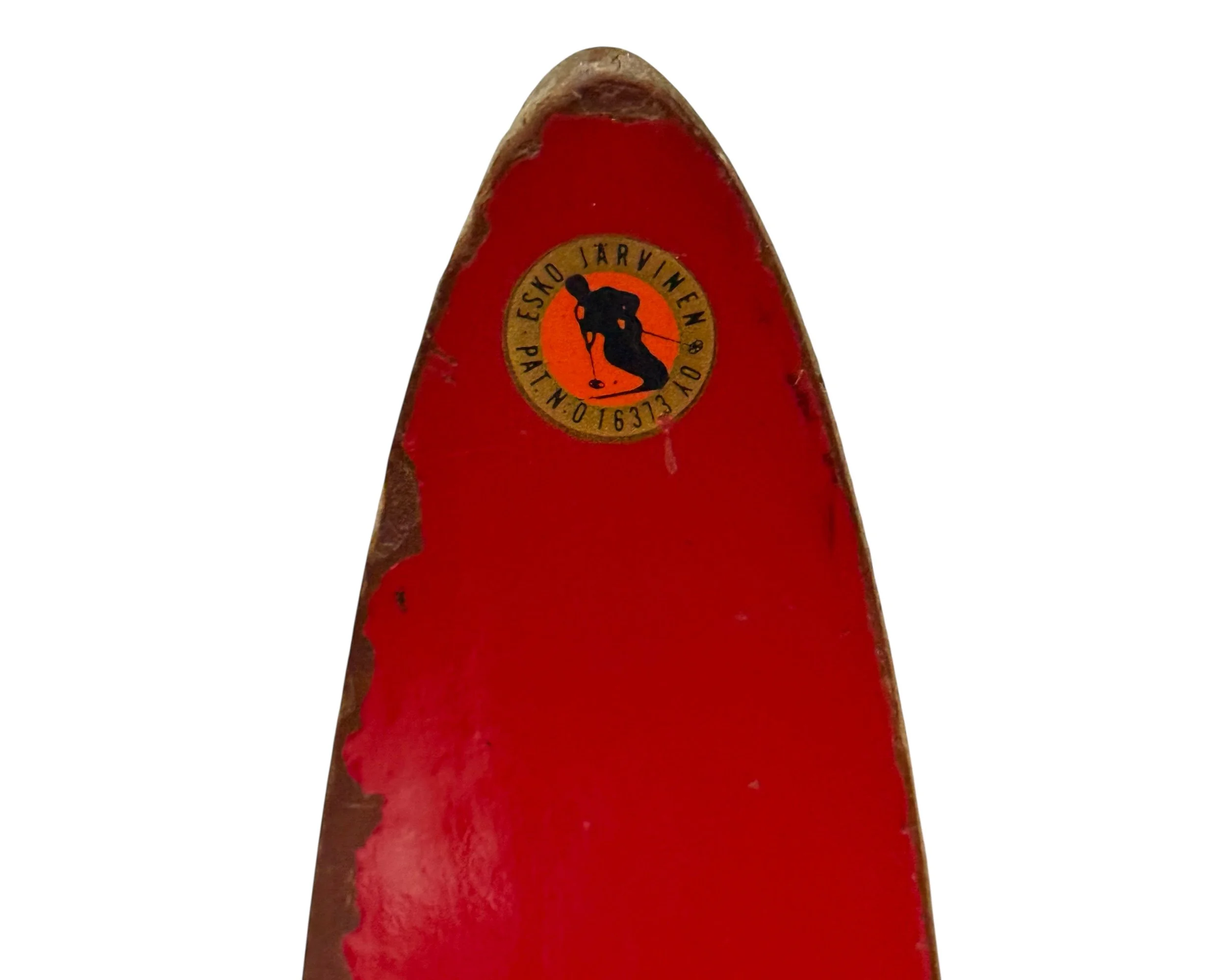 close up view of tip of vintage wooden red snow ski with Esko Jarvinen logo