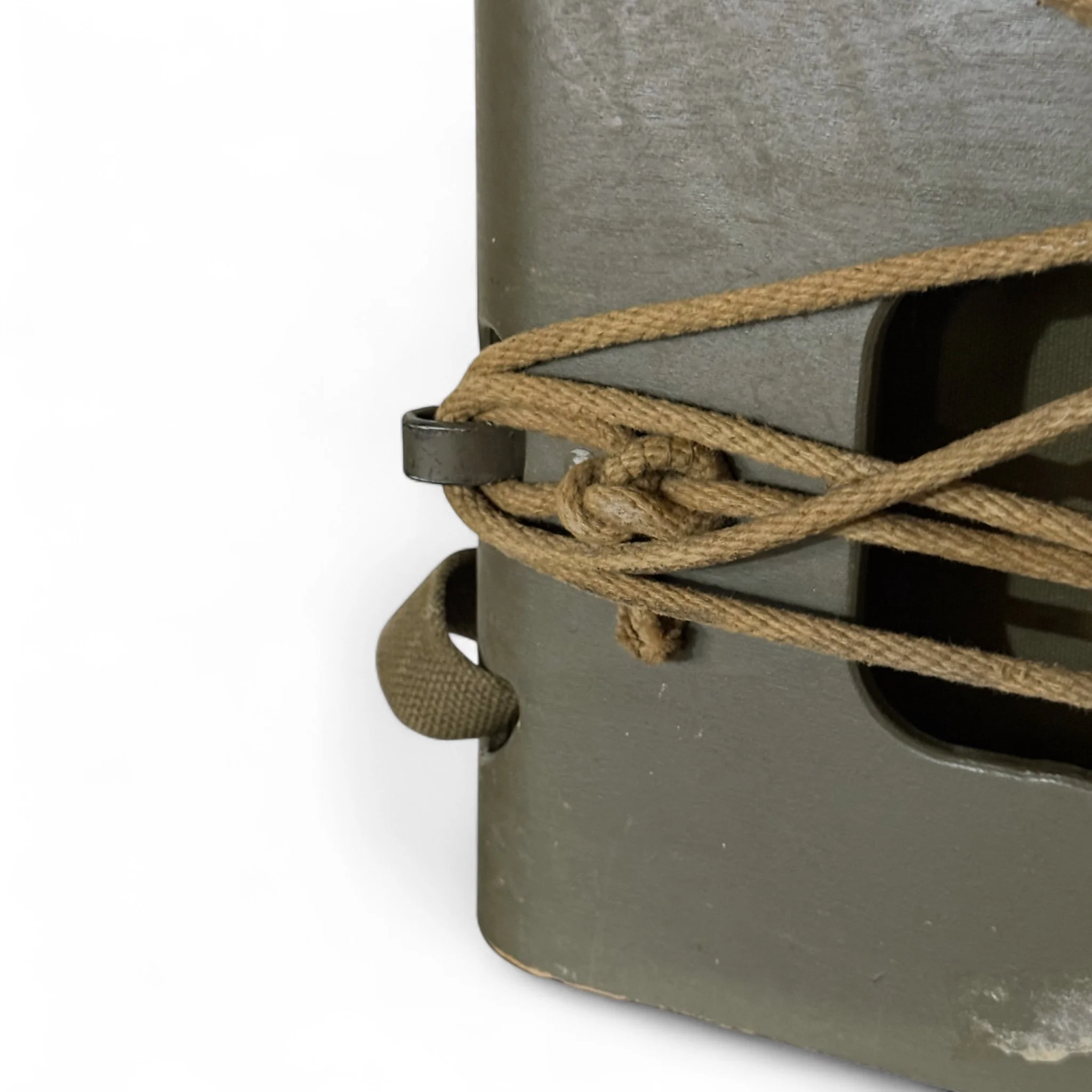 Vintage 1940s US Military packboard by American Seating Company with rope accents, ideal for rustic cabin or hunting lodge decor, or taxidermy mounts.