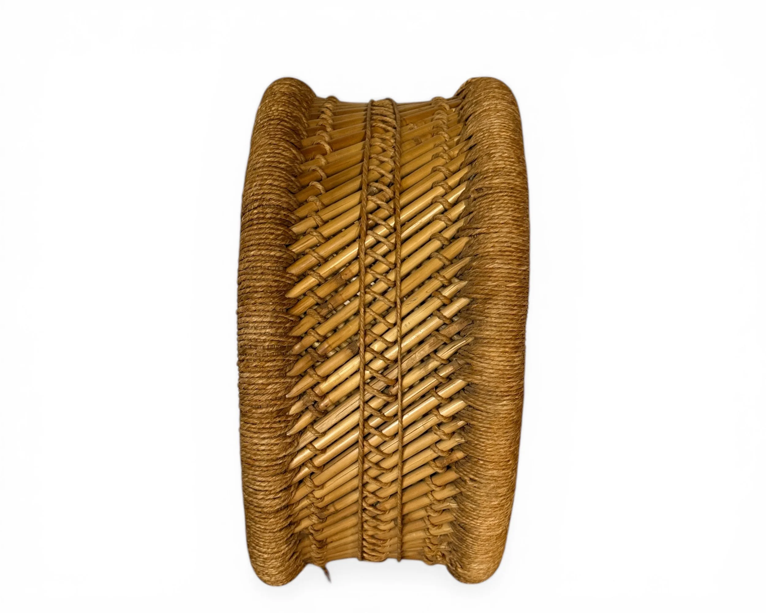 side view of vintage 70s boho rattan woven basket