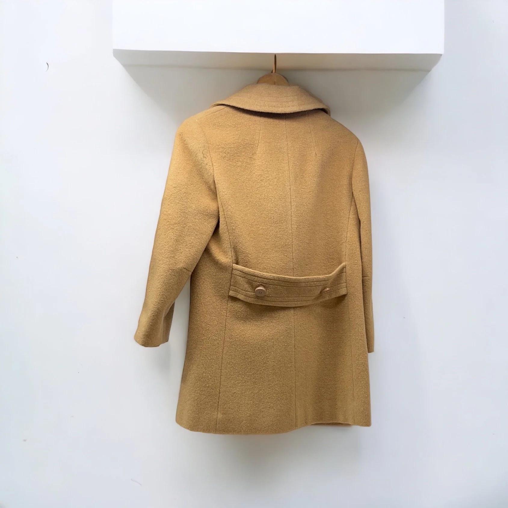 Vintage womens fully lined double breasted button front camel hair coat by JJ ODonnell for Montgomery Ward.