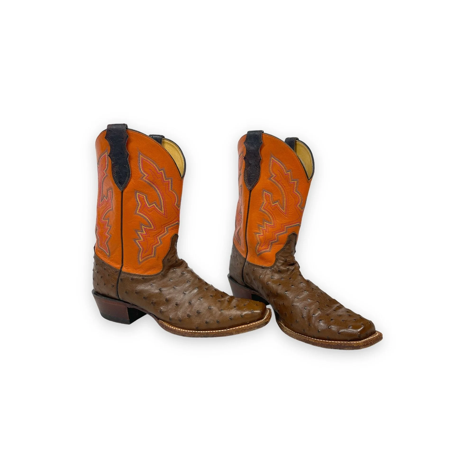 Vintage men's leather cowboy boots, Justin, Style: Comb Last 8962, US men's 11 1/2, made in USA, full quill ostrich, square toe, brown and orange