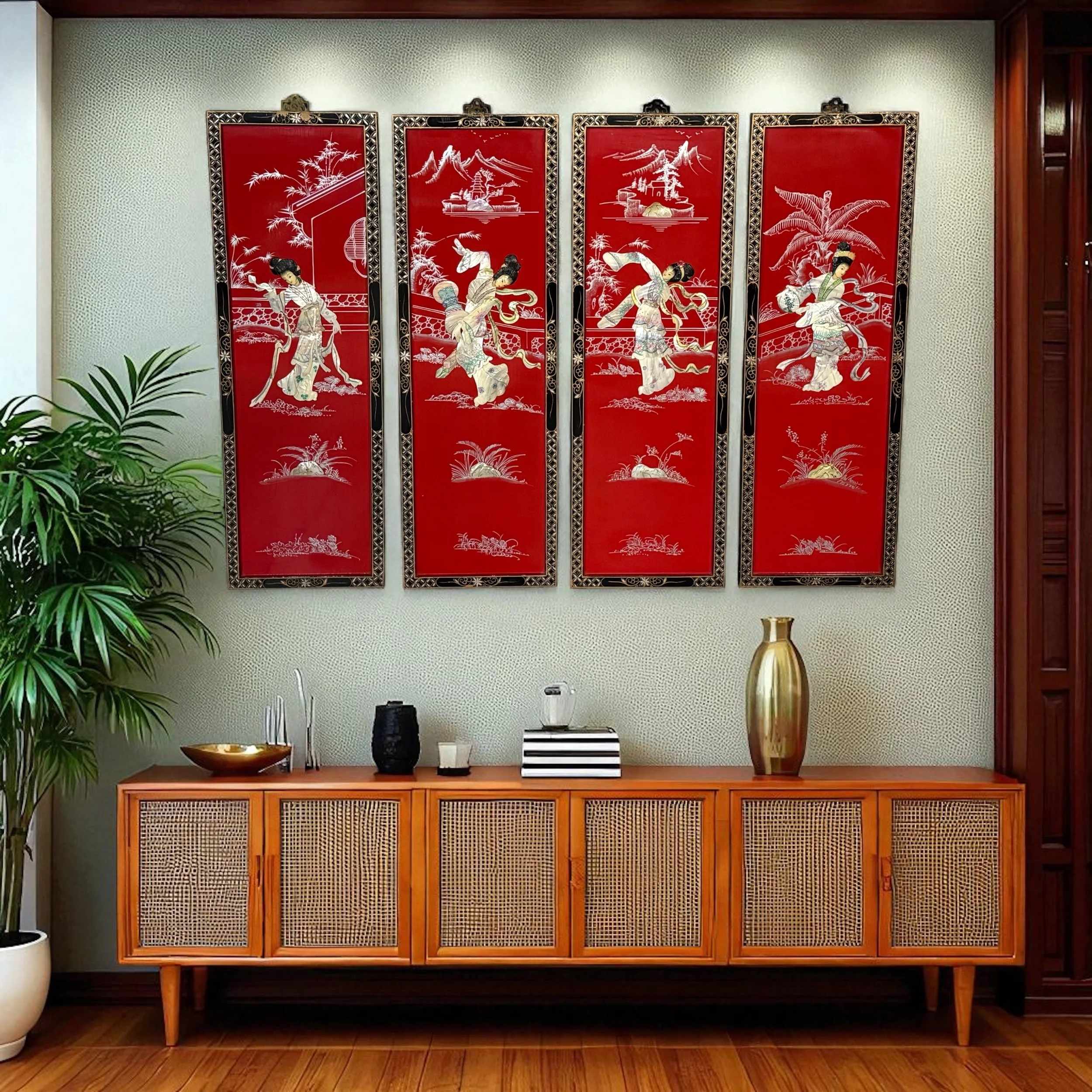 Vintage Asian lacquer panel wall hangings set of 4 made of wood, mother of pearl relief styled above a bamboo credenza