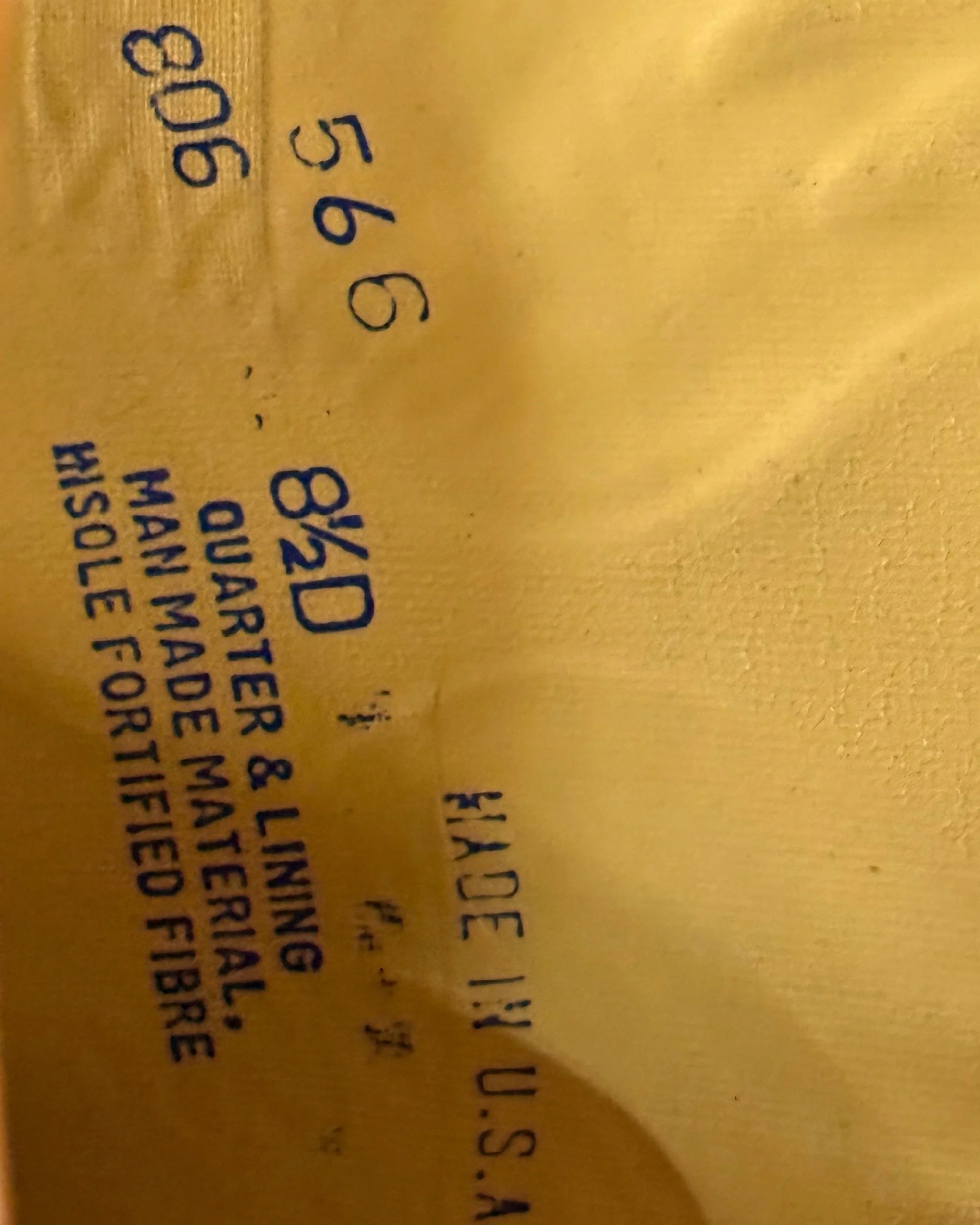 Blue ink factory size stamp inside the boot lining reading 8.5 D and style code 566