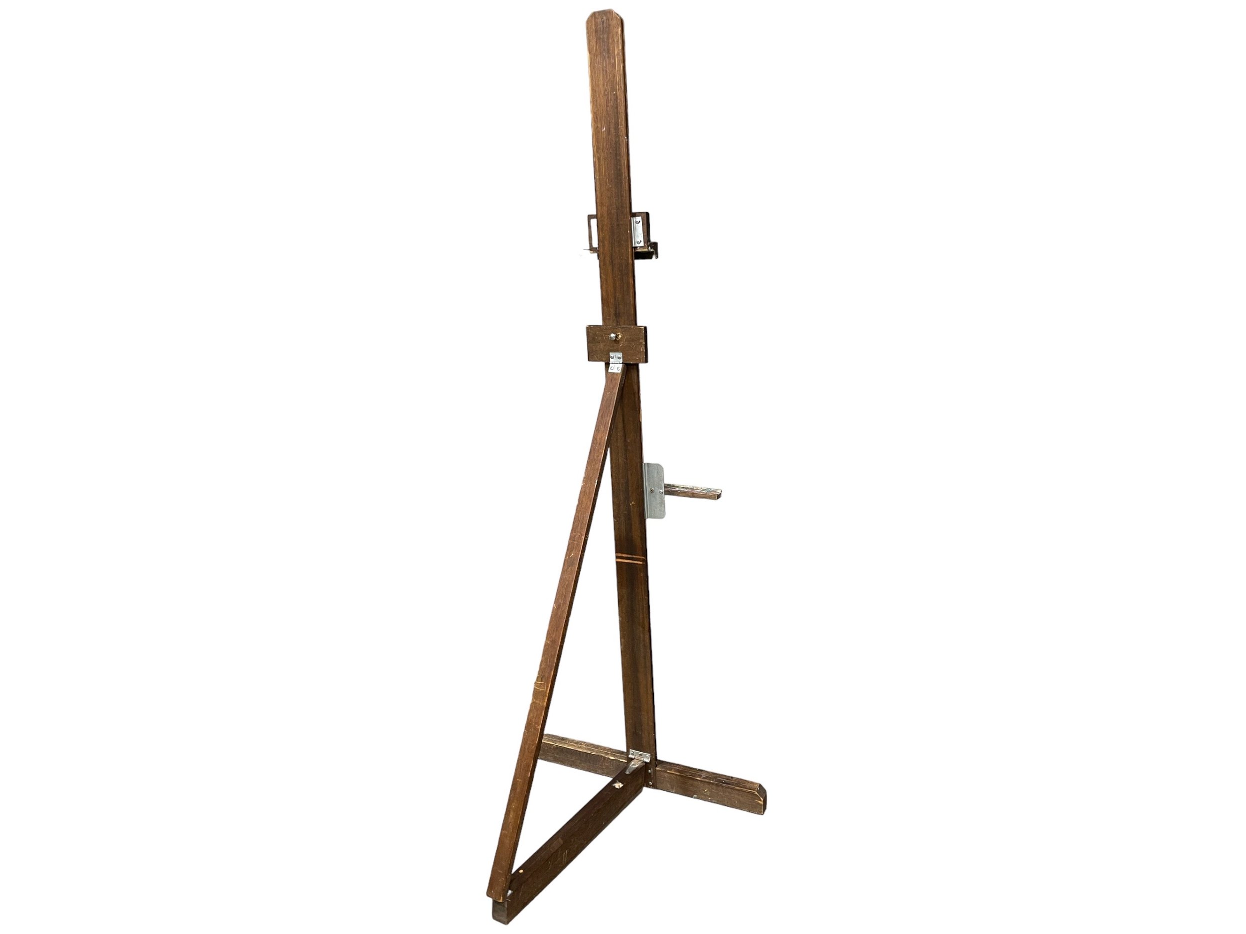 back view of large vintage wood floor easel, Anco Bilt style, art display piece.