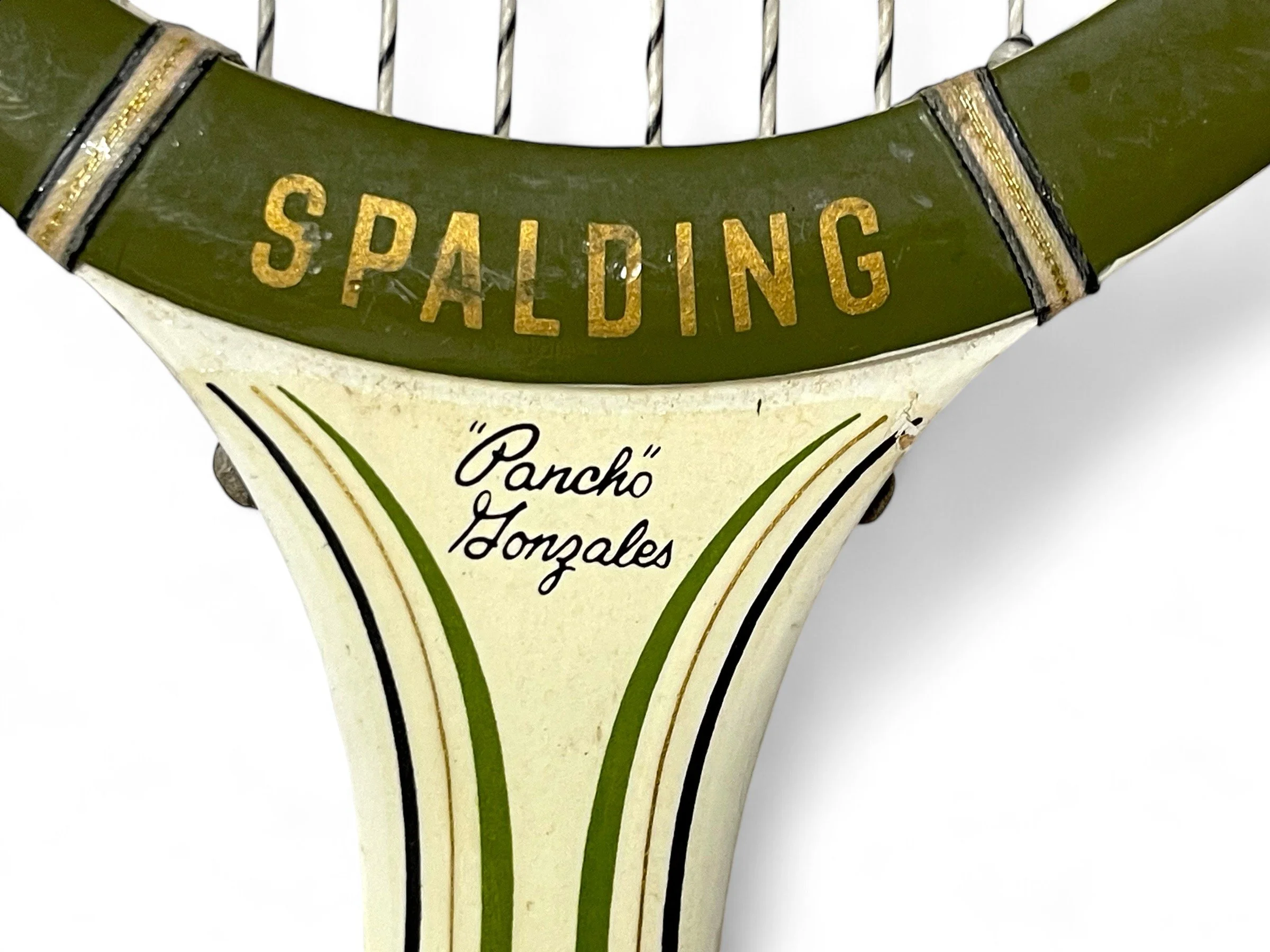 Vintage pair of wooden retro 70s tennis rackets, Spalding Pancho Gonzales Prize Cup, Impact 330.