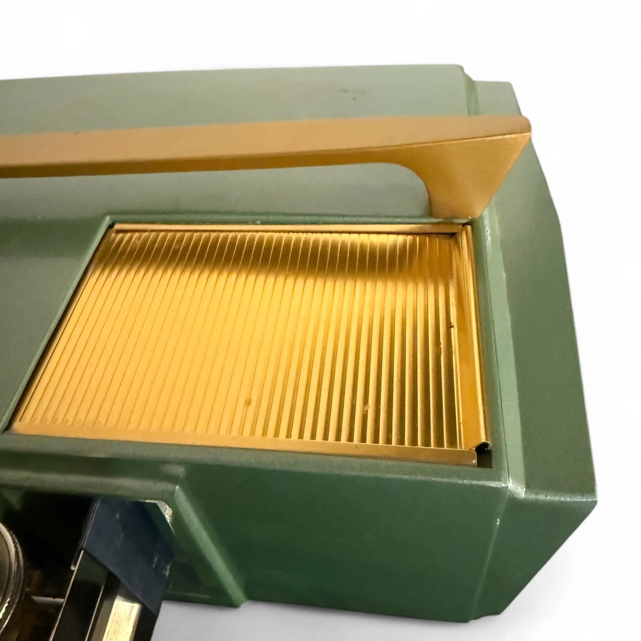 Upcycled vintage new old stock Realist slide projector desk lamp with a space age retro mid century modern design. Dual lighting features, and beautiful gold and pearlized sage green color combo.