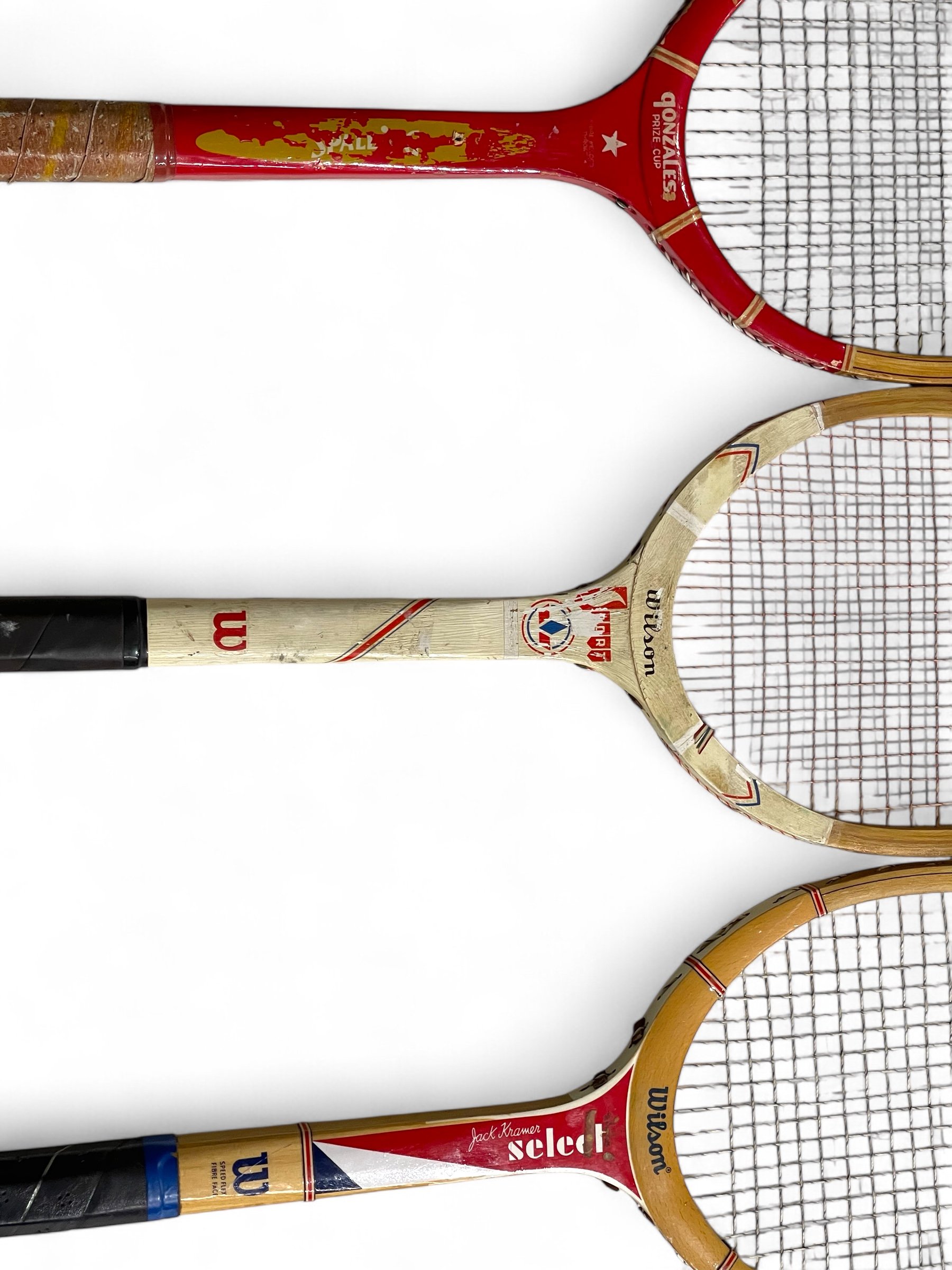 Vintage set of 3 wooden tennis rackets -Spalding Woodstar Gonzales Prize Cup, Wilson Sport with press, Wilson Jack Kramer Select. Unique game room wall decor.
