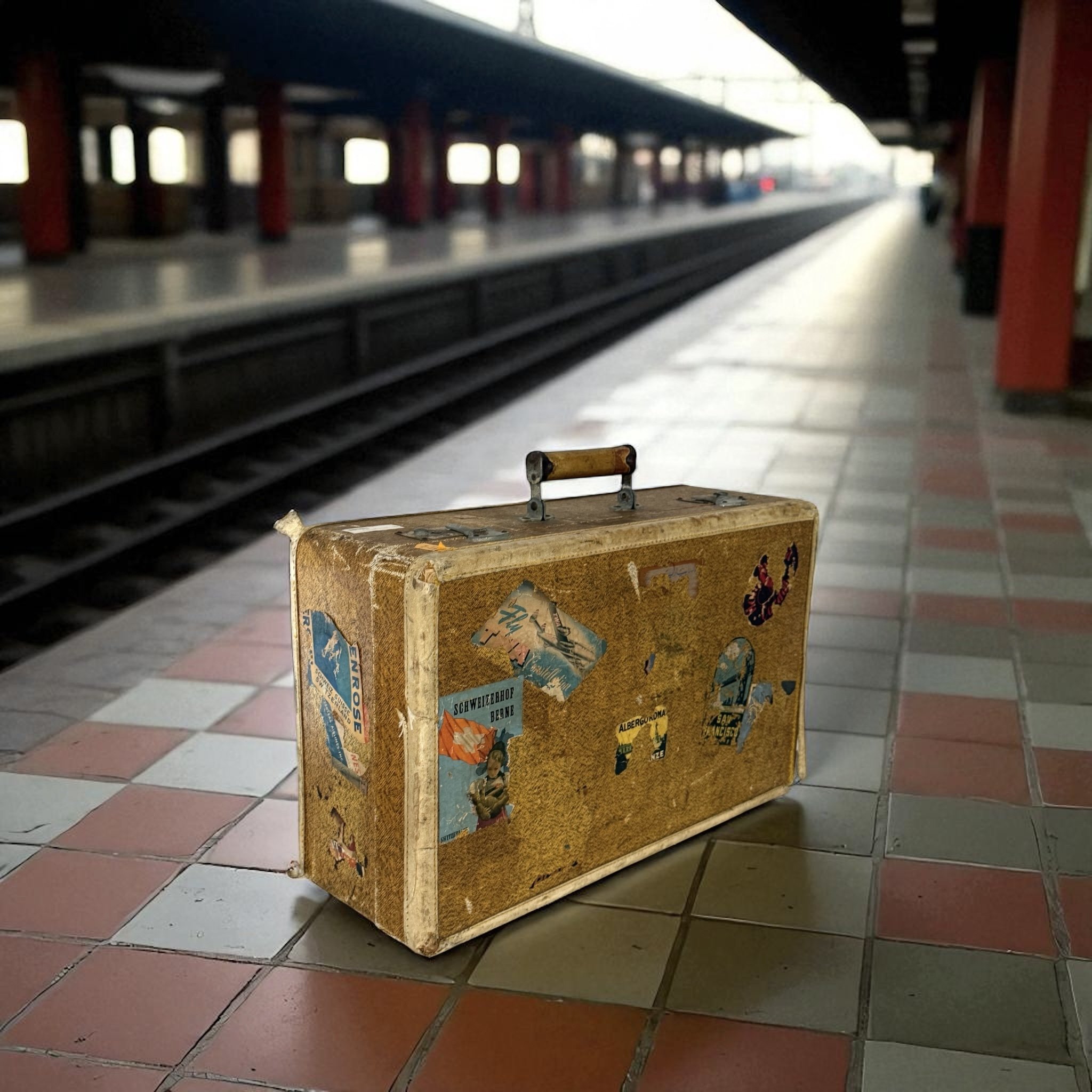 Antique Wheary suitcase with original travel stickers shown styled in a old train station depot