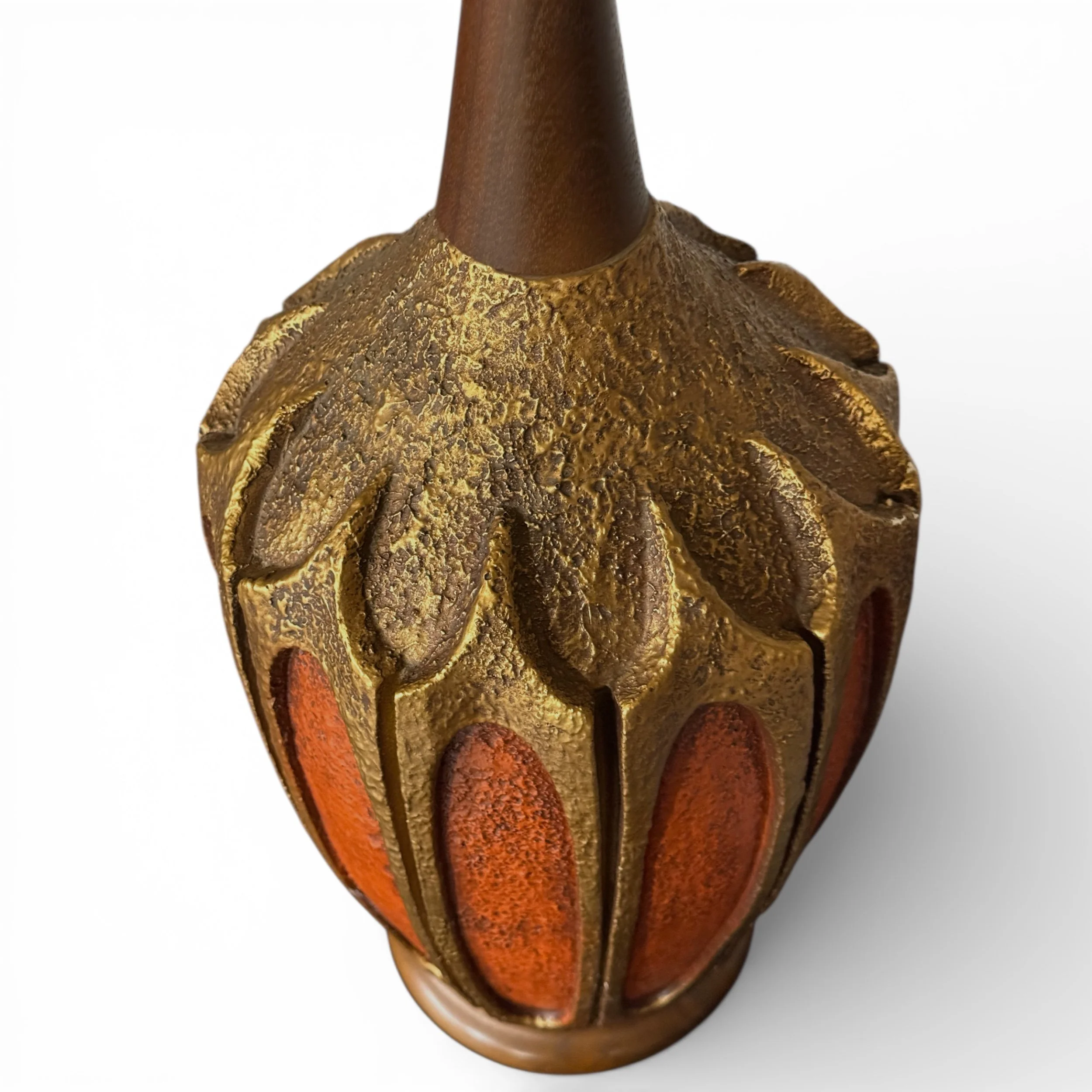 Top view of a Bertolozzi chalkware lamp body in gold and orange with a teak neck and base