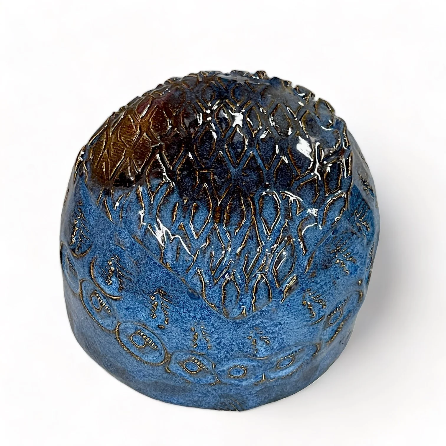 Vintage 7 piece handmade studio pottery collection of vases, bowls, mug in blue, turquoise and brown.