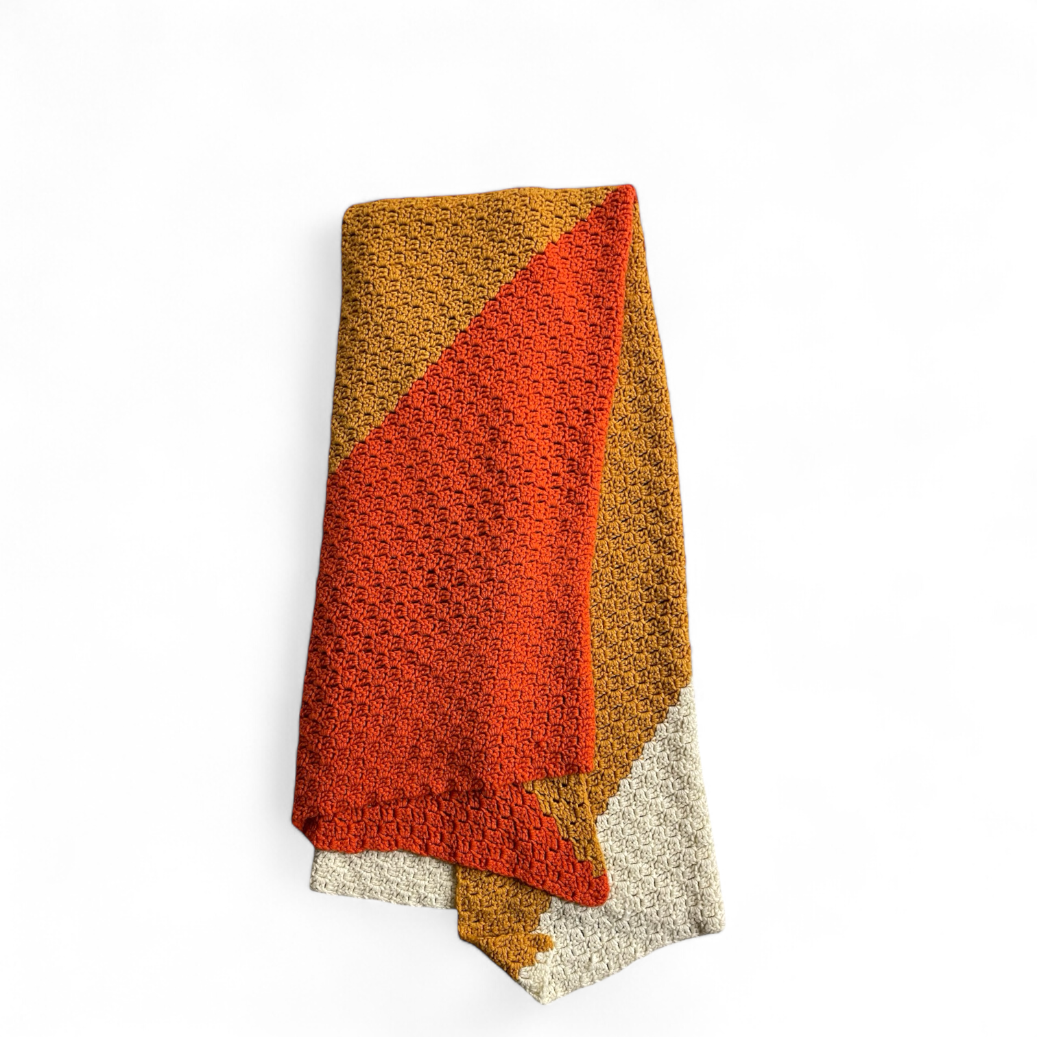 Vintage large tricolor handmade crochet blanket in off-white, orange, and mustard 73 x 43 inches.