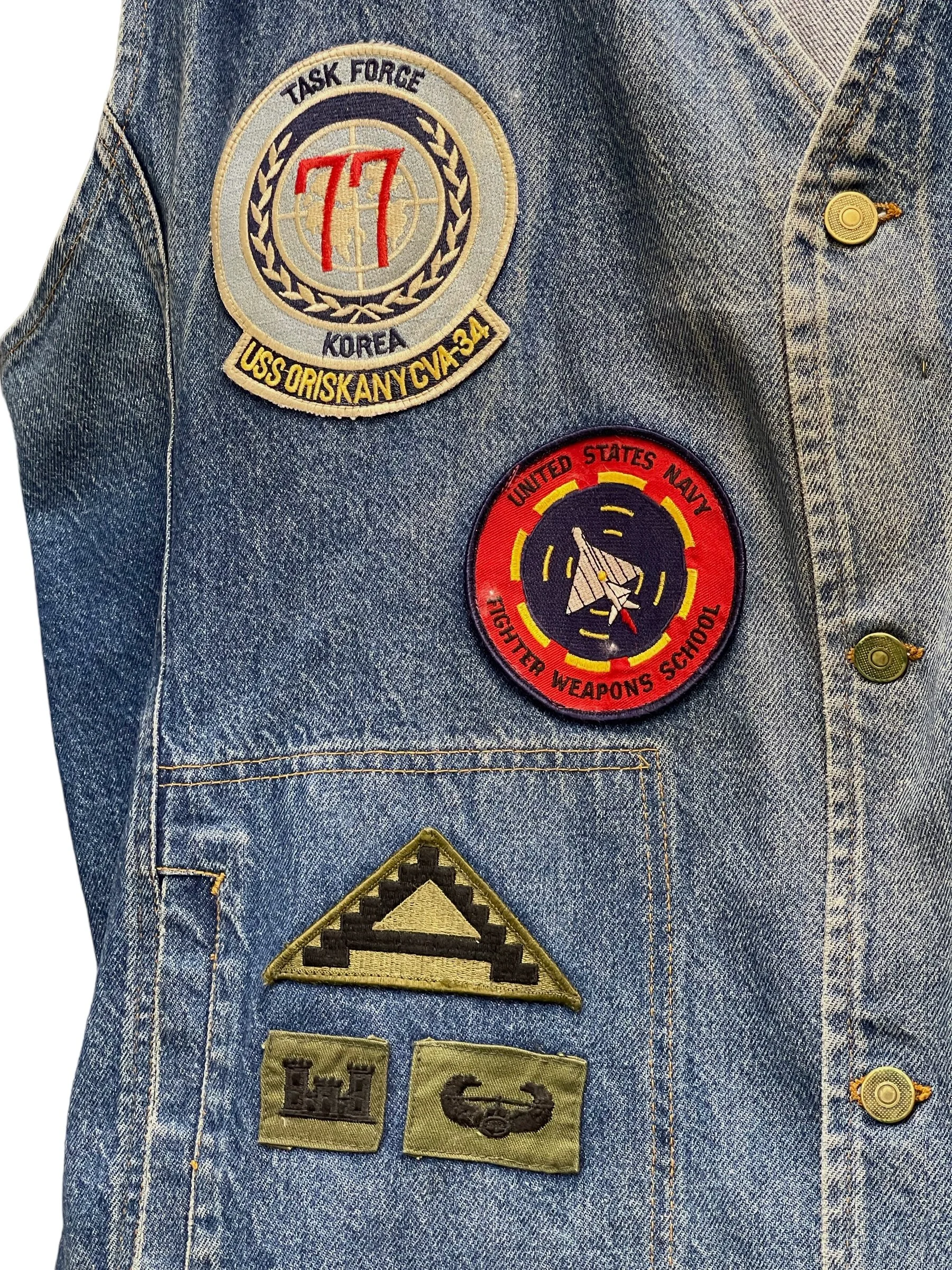 Vintage mens 3XL or 4XL denim vest by SFO San Francisco Overall with vintage military patches.