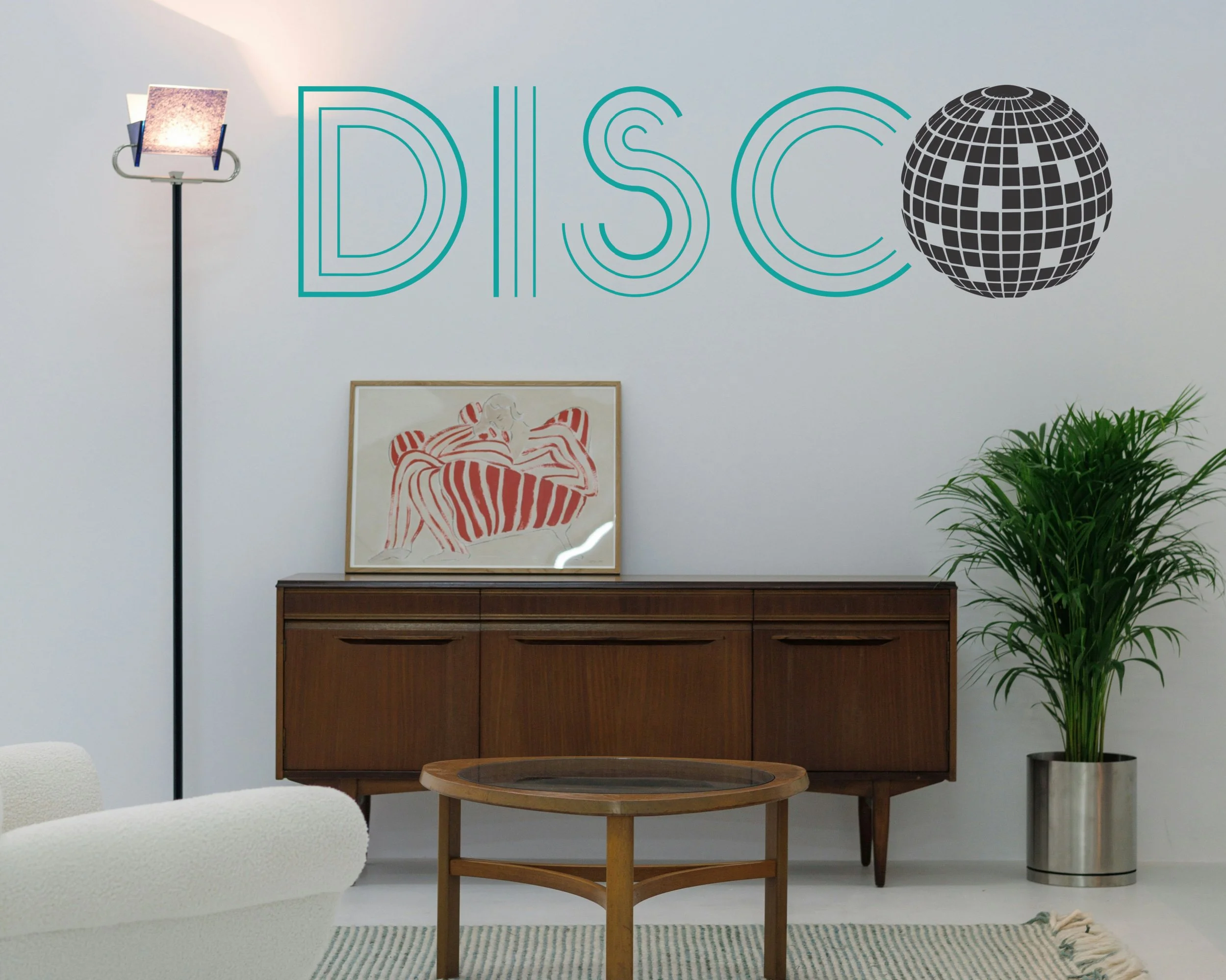 Retros 70s style disco ball wall decal, available in a variety of colors, two sizes, removable and tenter friendly, perfect for disco themed party wall decoration, or dorm decor.