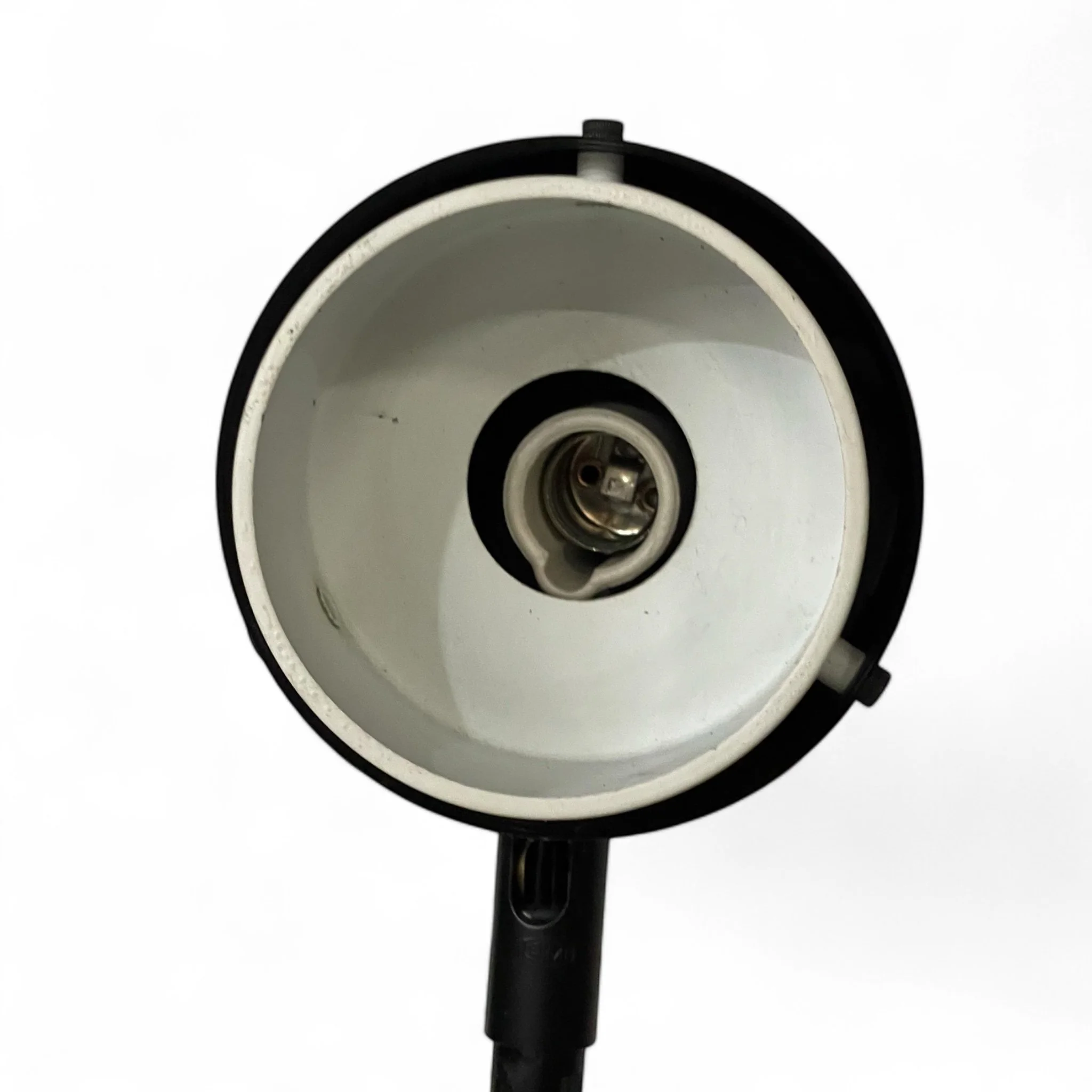 Pair of vintage OMI task lights, sleek black design, adjustable height 16.5-19 inches, modern style with in line thumb switch, ideal for office lighting and workspaces.