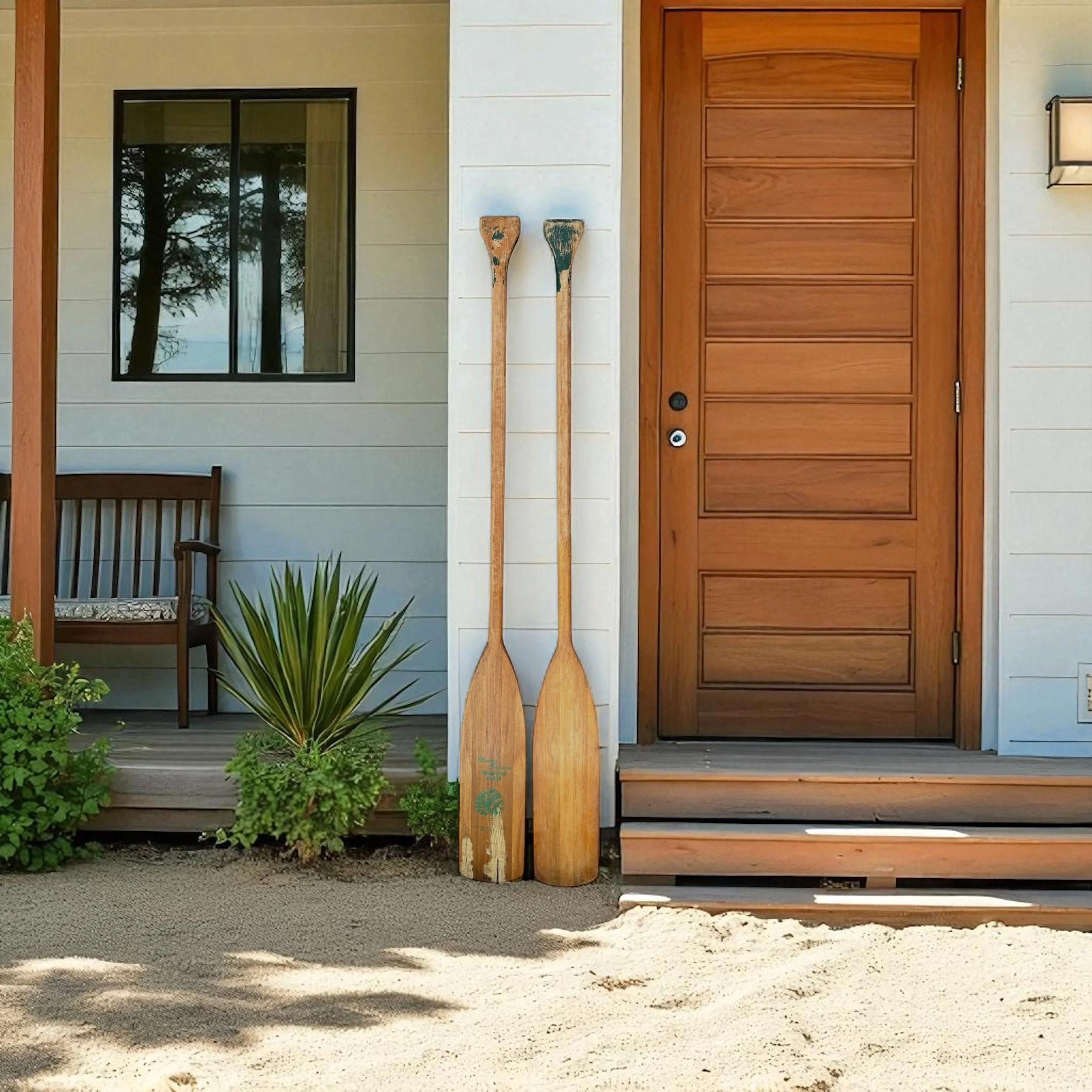 Vintage wooden oars displayed next to the front door of a modern beach bungalow in a nautical home decor setting