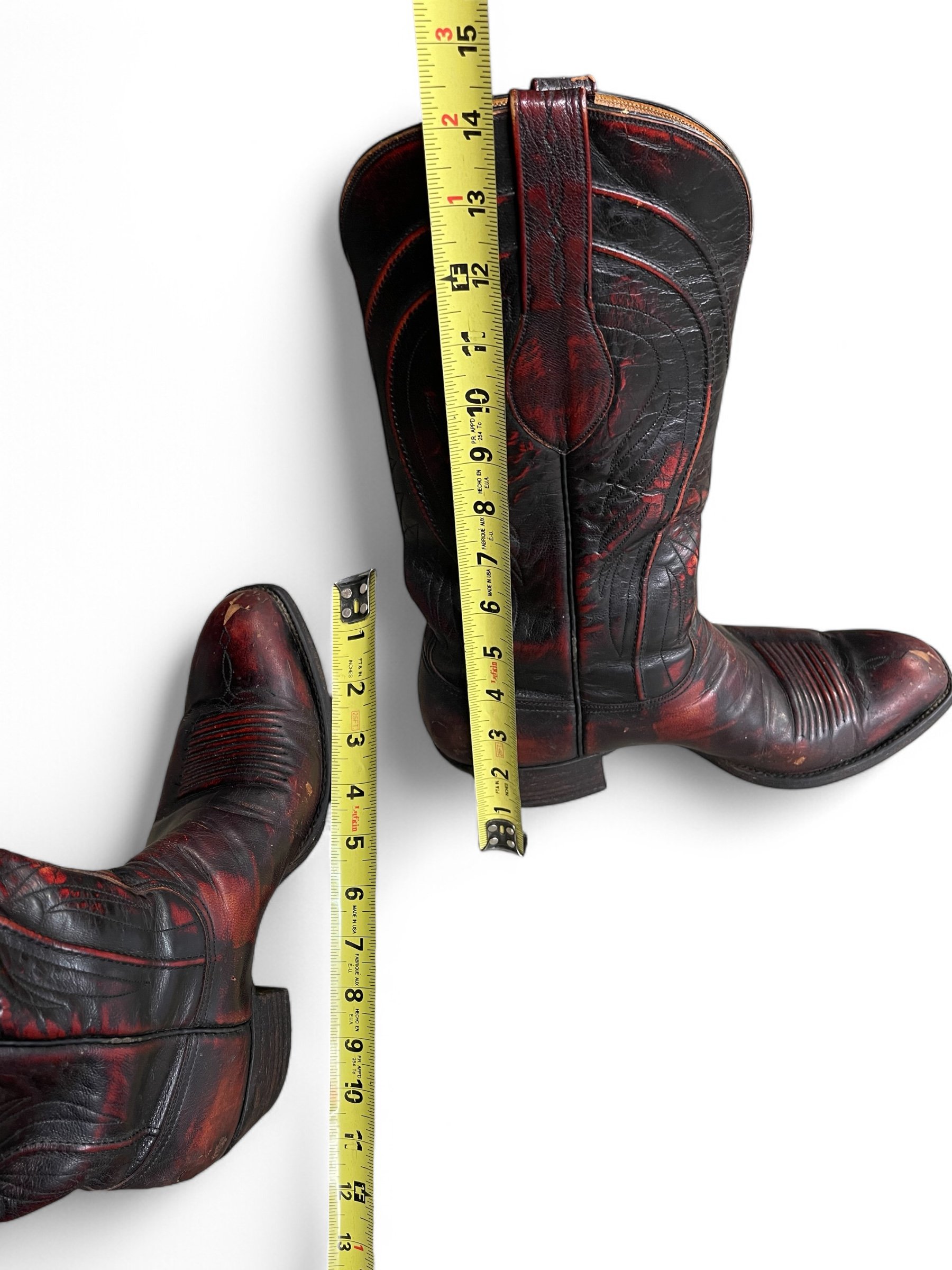 Vintage mens Lucchese leather cowboy boots L6608 7L914, size 10D, black cherry, classic western footwear.