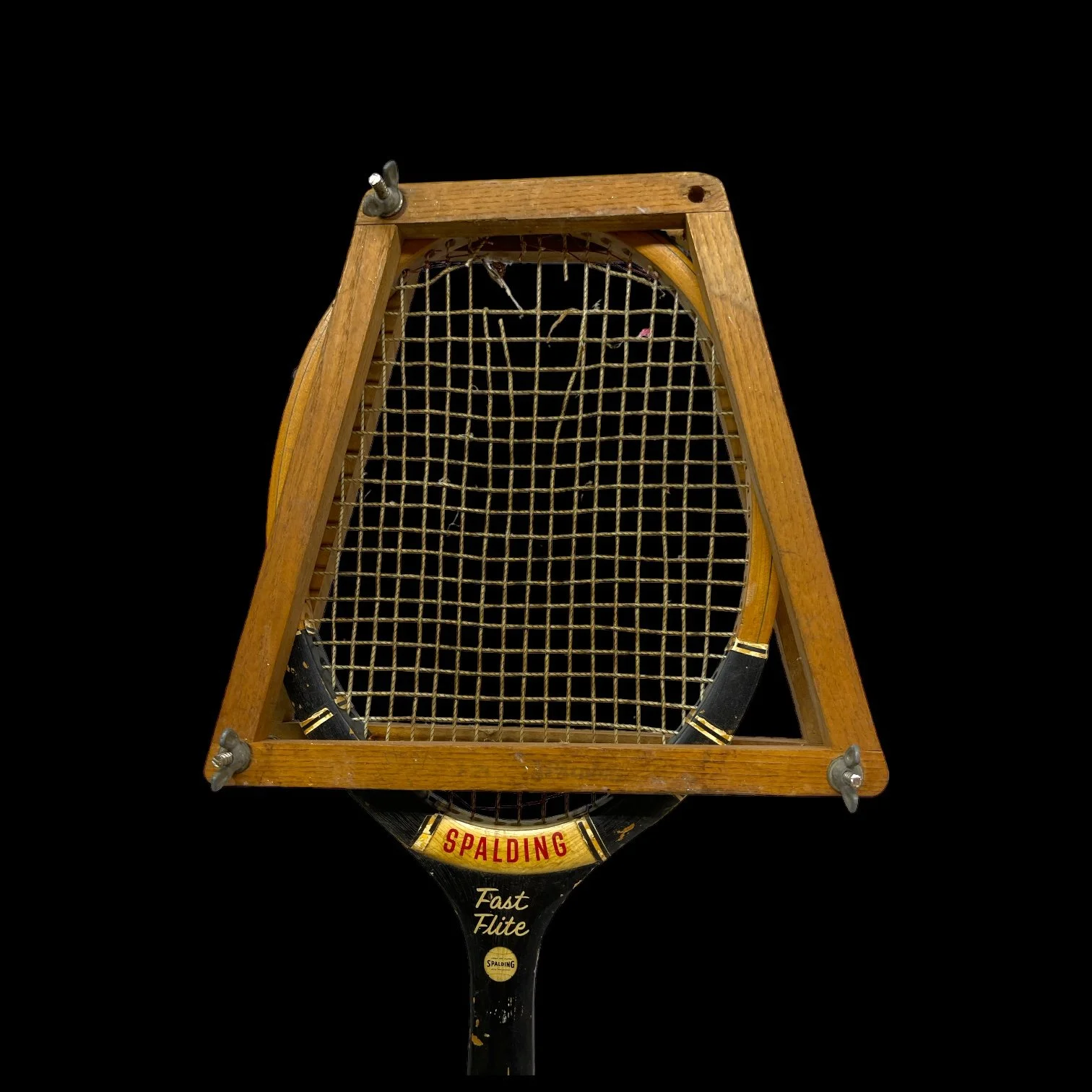 Vintage Wooden Tennis Racket Pair, Spalding Fast Flite, Paucho Segura Special Model with racket press, sports collectible game room decor.