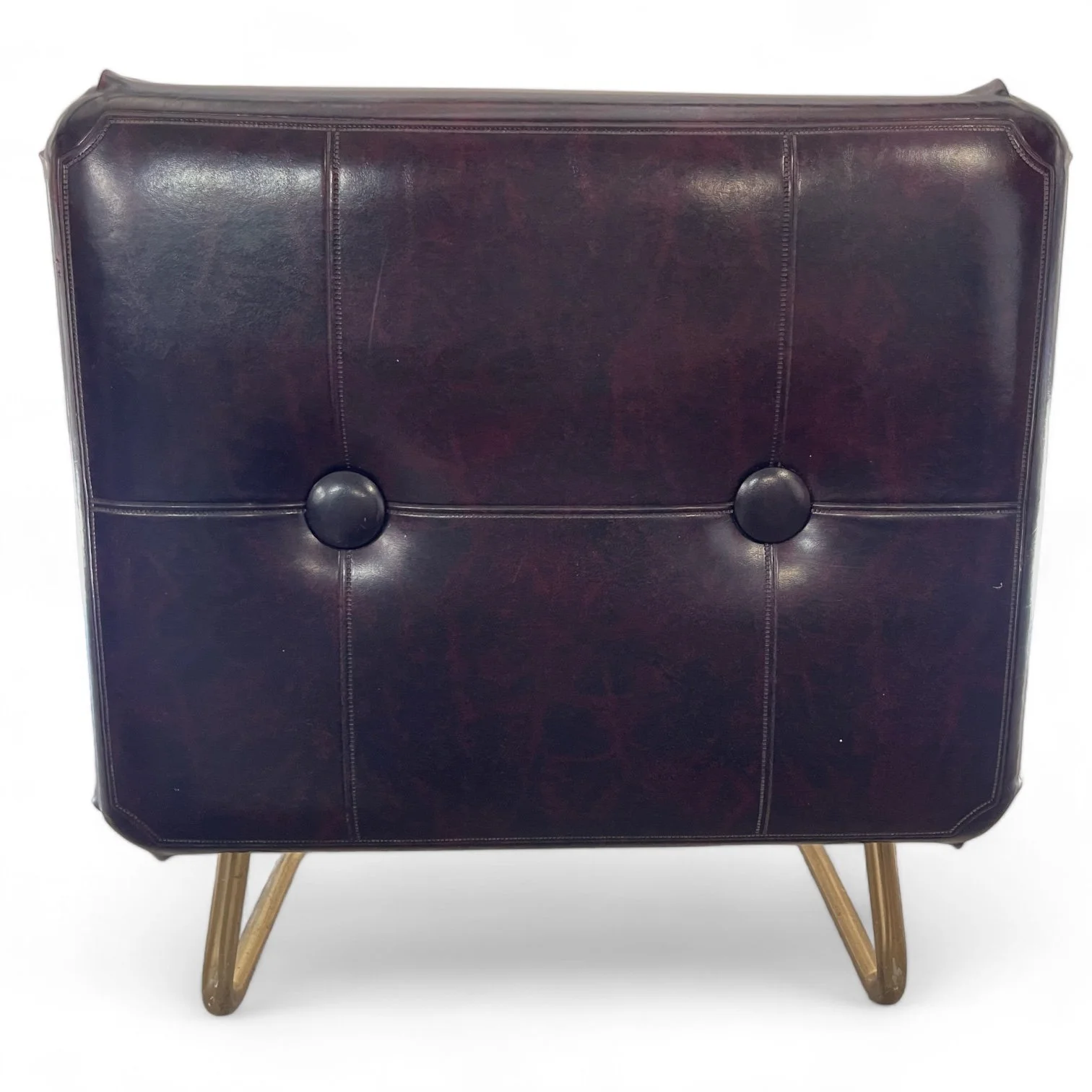 Vintage 1960s mid century adjustable Pearl Wick Leg Lounger footstool ottoman in a dark brown vinyl upholstered top with gold metal legs. Made in USA.