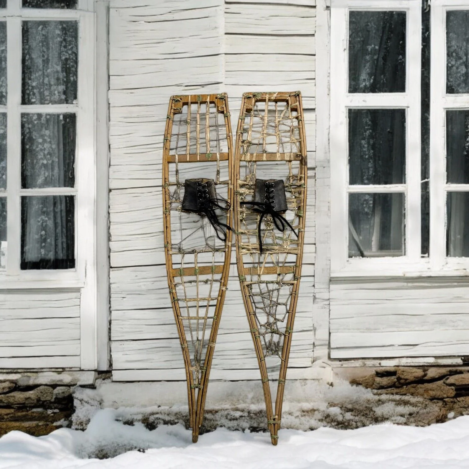 Rare and unique handcrafted vintage wooden snowshoes, featuring square toe frame, string, leather bindings shown displayed leaning against a rustic white cabin with snow.