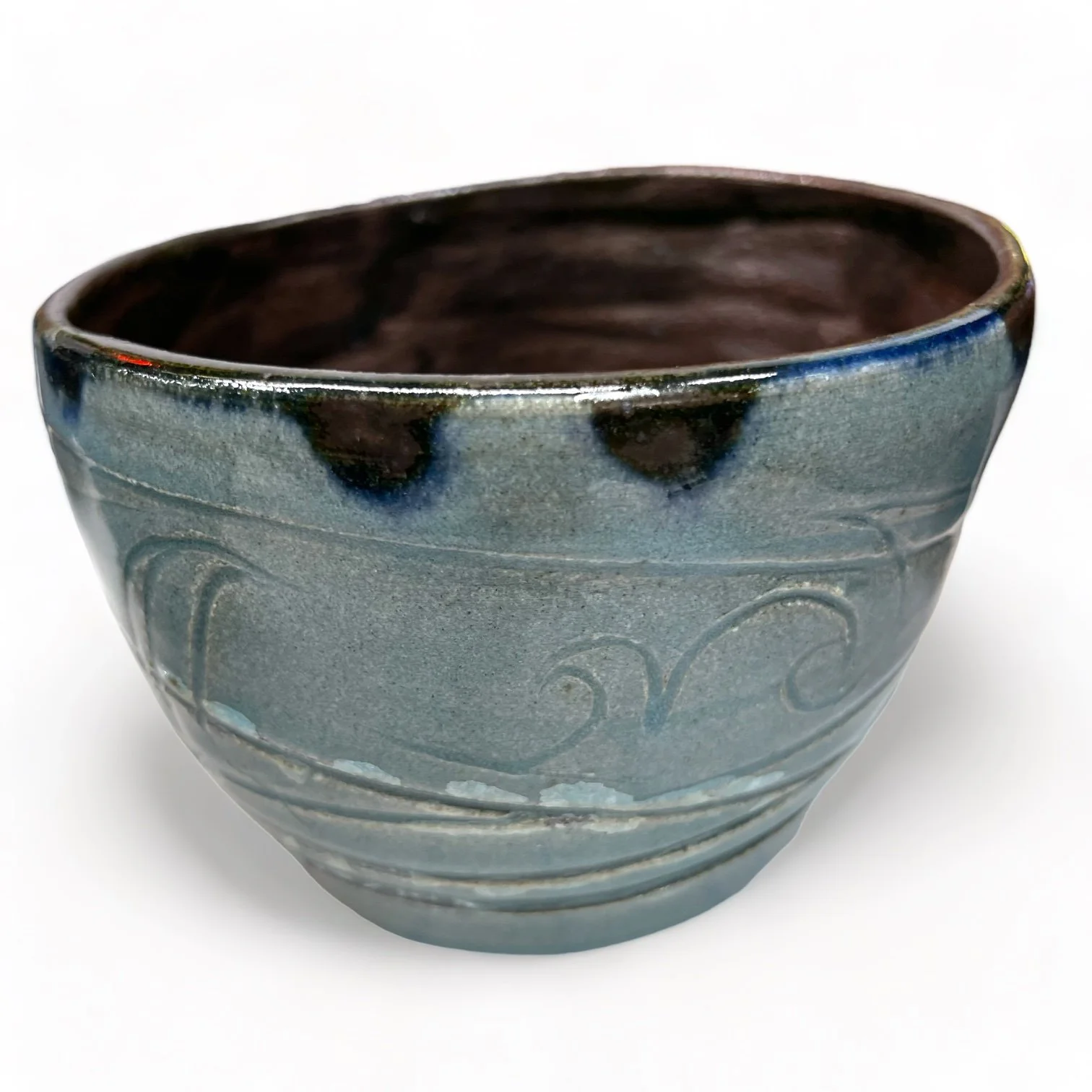 Vintage 7 piece handmade studio pottery collection of vases, bowls, mug in blue, turquoise and brown.