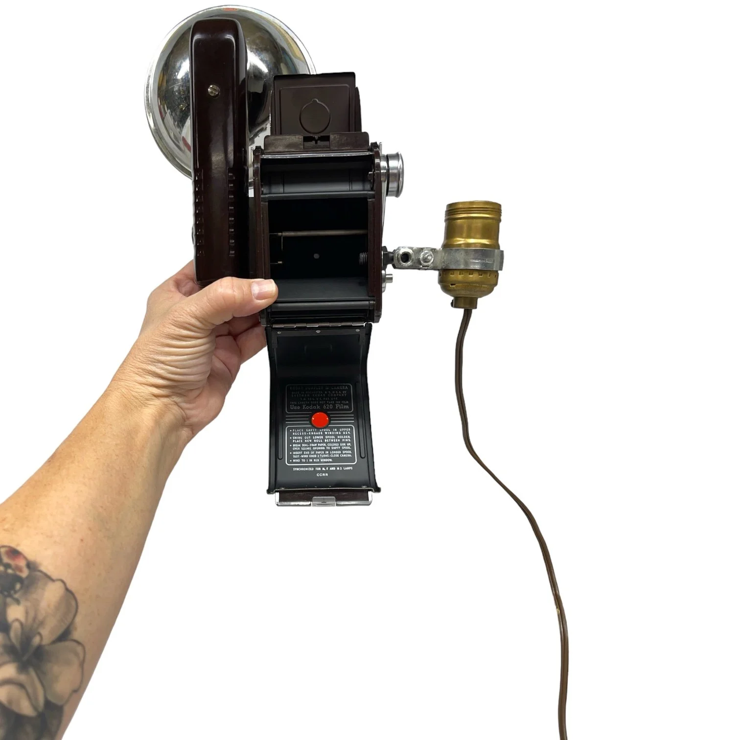 Vintage Kodak Duaflex IV Camera and Uni Colt Richards Engineering Wooden Tripod Floor Lamp