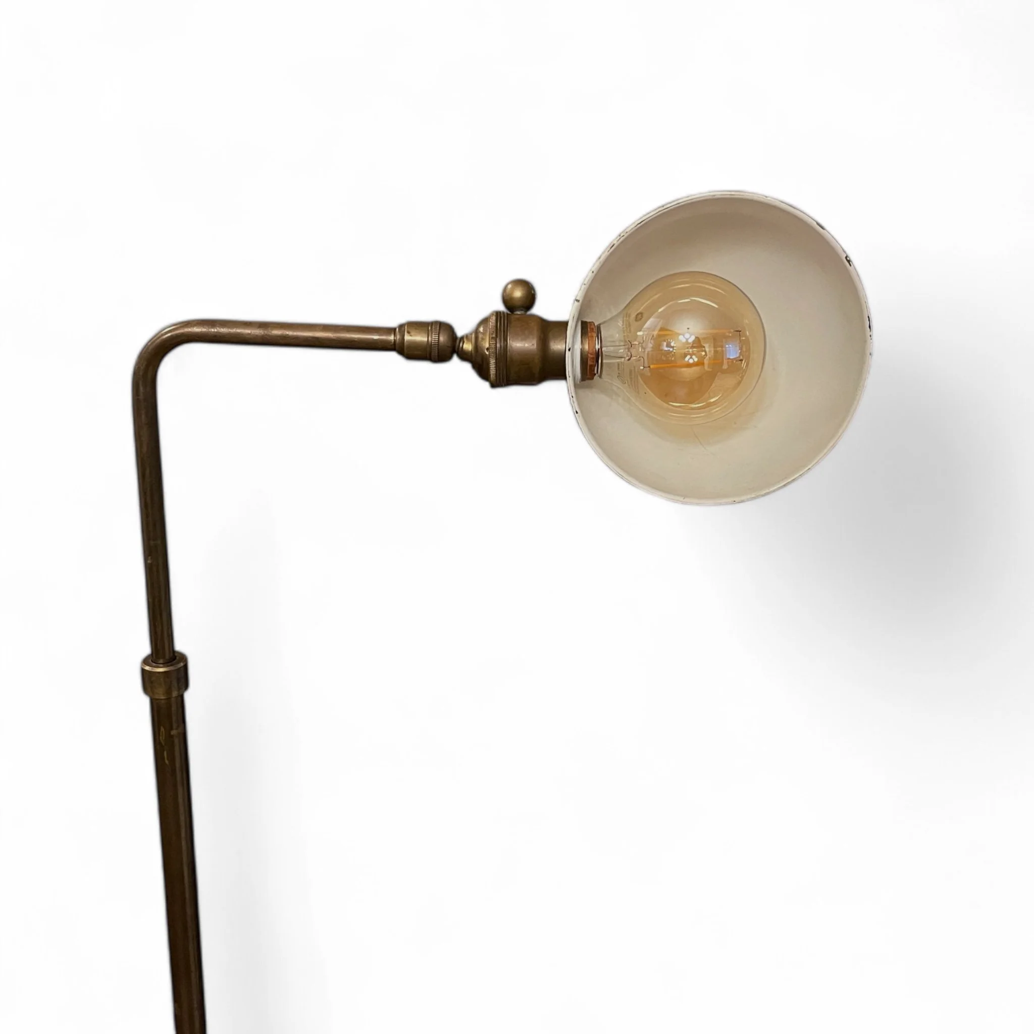 Vintage Chapman style brass pharmacy floor lamp, height fully adjustable, articulating round shade, round weighted base, circa 1960s.