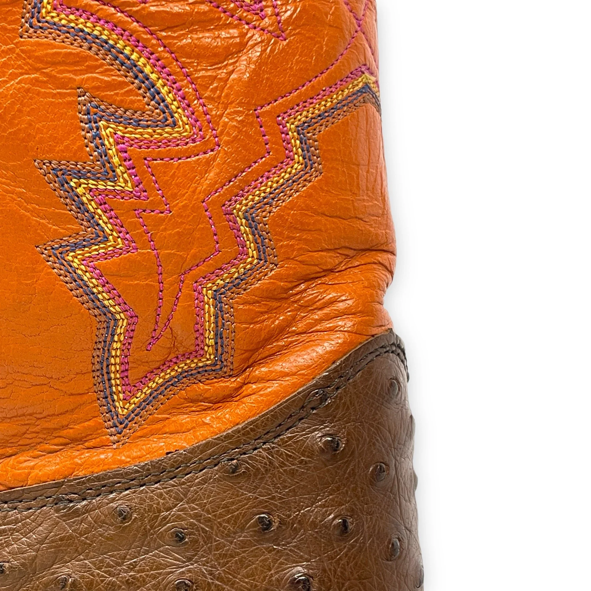 Vintage men's leather cowboy boots, Justin, Style: Comb Last 8962, US men's 11 1/2, made in USA, full quill ostrich, square toe, brown and orange