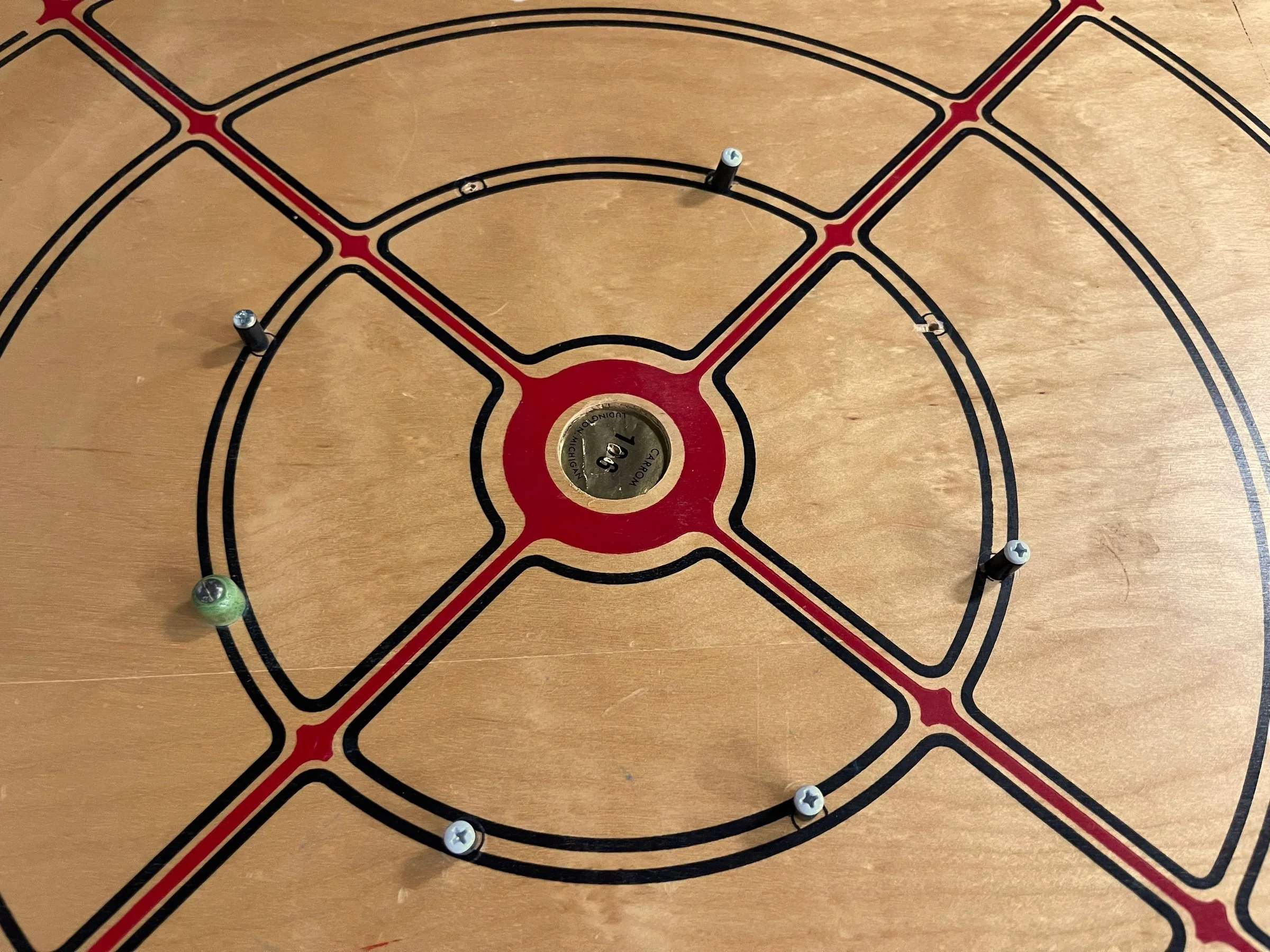 Vintage 1960s wooden Carrom #106 game board double sided for unique wall art in a game room.