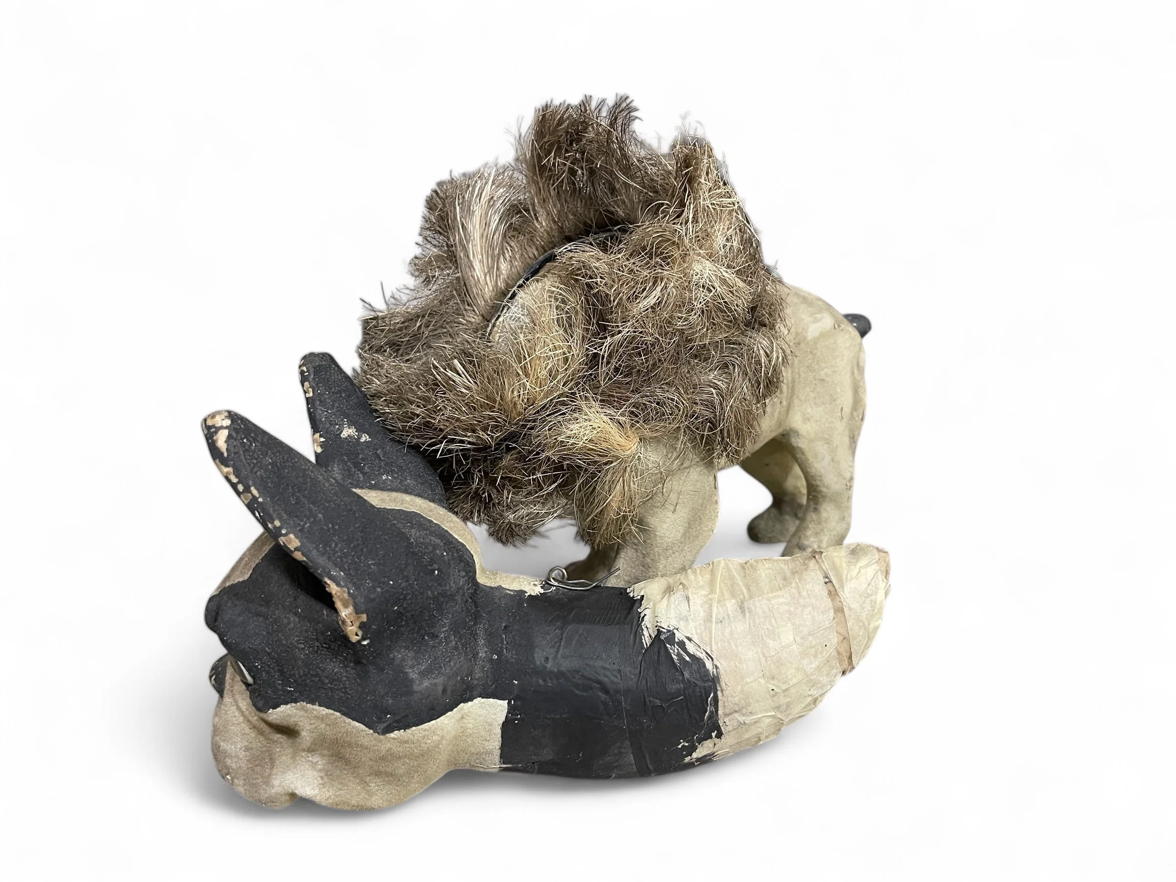 Vintage paper mache French Bulldog statue with rustic, antique style finish, perfect for home decor, dog lovers, and collectors of unique handmade pieces.