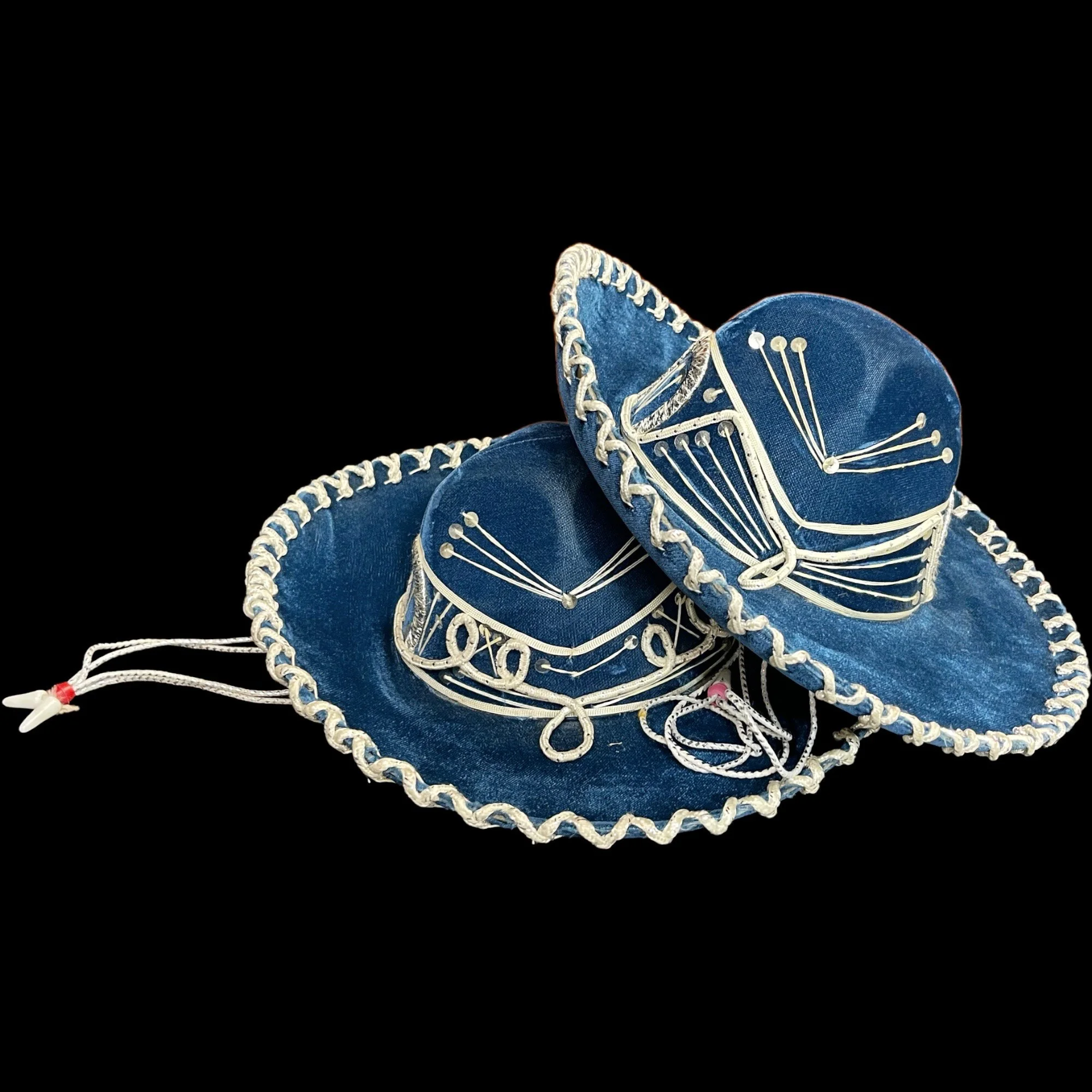 Vintage pair Sombrero Hats for Kids - Felt Sequined, High Crowned Sombreros, vibrant blue with white detailing and silver sequins.