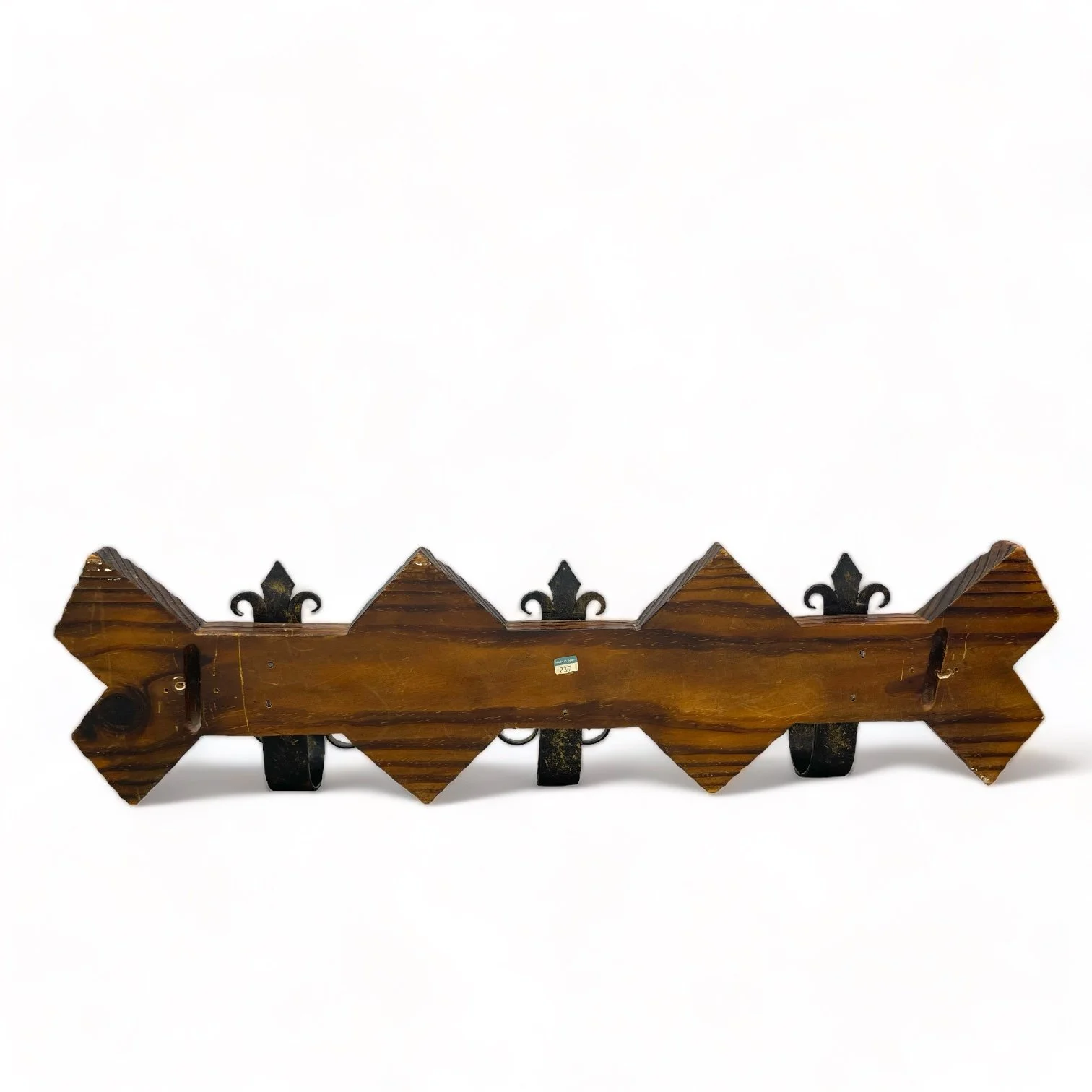 Vintage Spanish Revival style, wood and wrought iron, wall mount coat or towel rack.