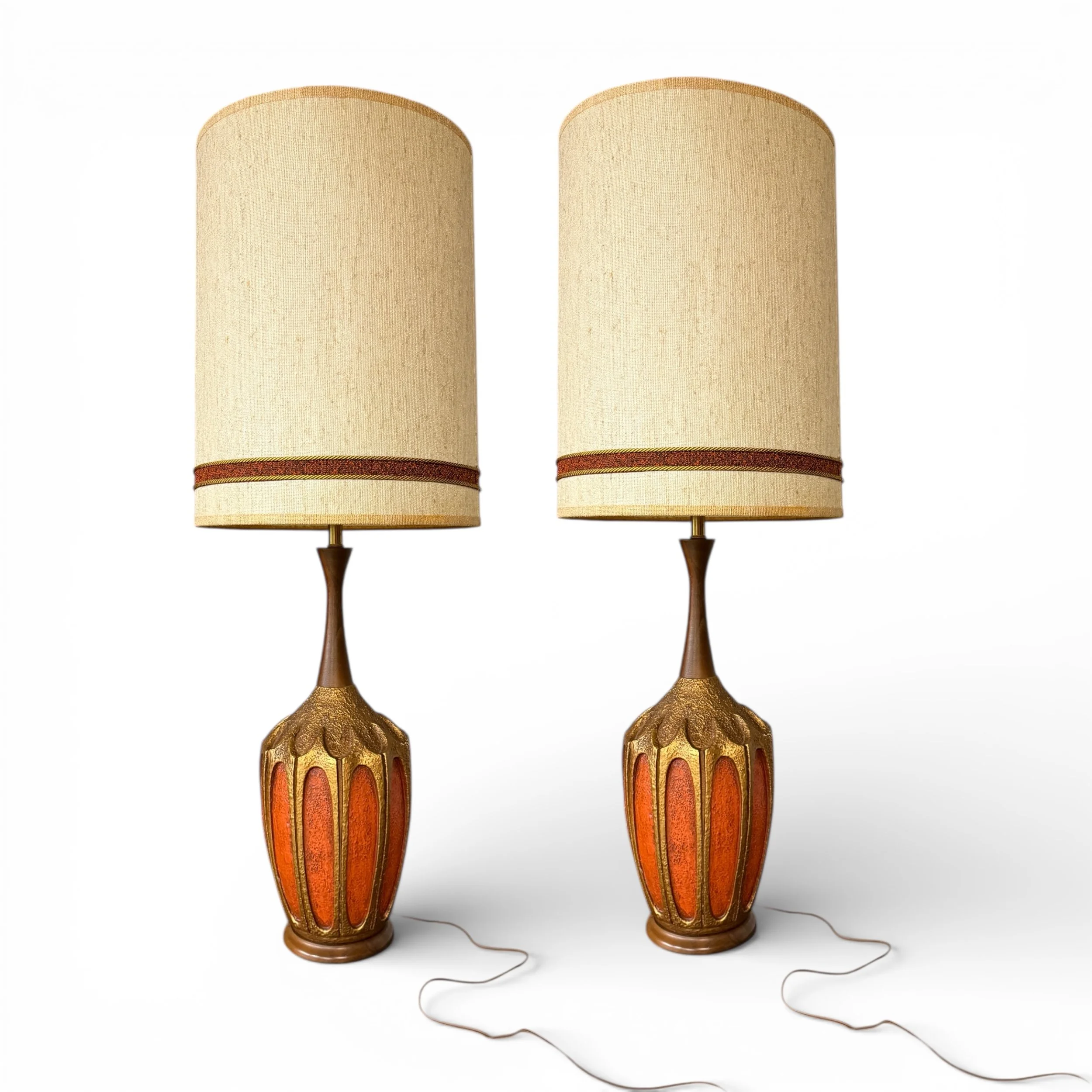 Emil Bertolozzi Bert Lamps vintage lamp pair with original shades. Colorful gold and orange chalkware.