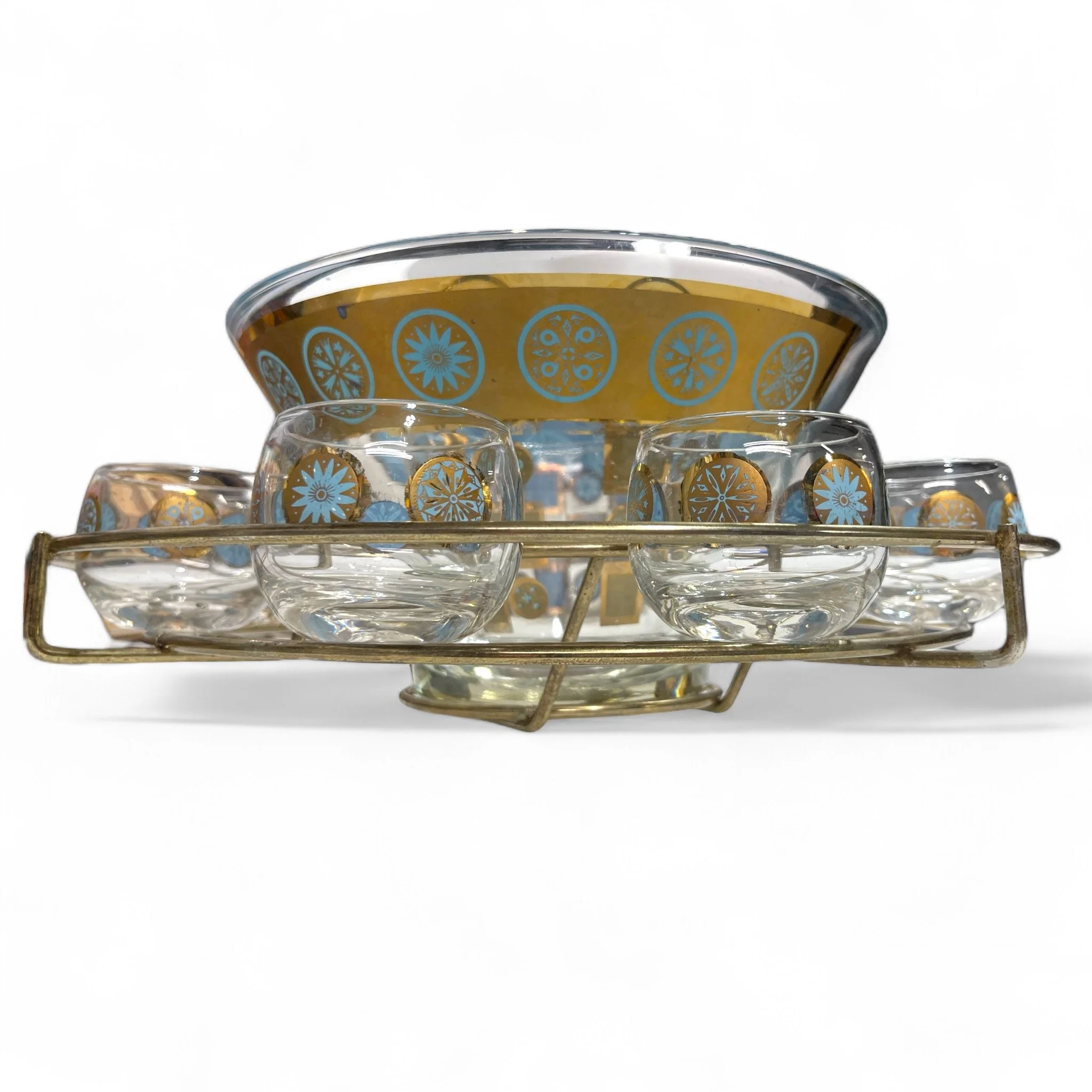 Vintage mid century glass punch bowl set, 7 roly poly glasses, gold metal stand, two bowls, atomic design
