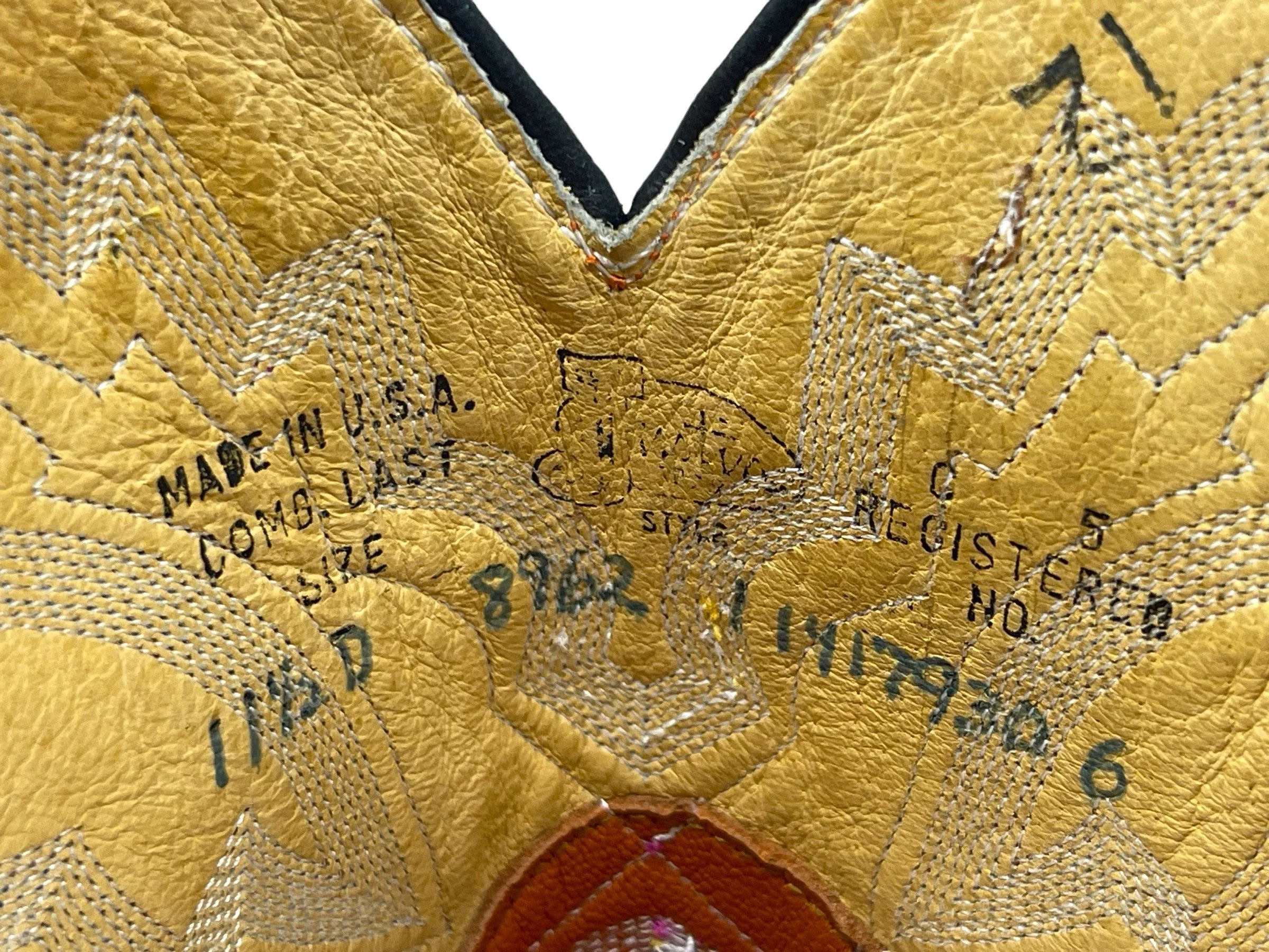 Vintage men's leather cowboy boots, Justin, Style: Comb Last 8962, US men's 11 1/2, made in USA, full quill ostrich, square toe, brown and orange