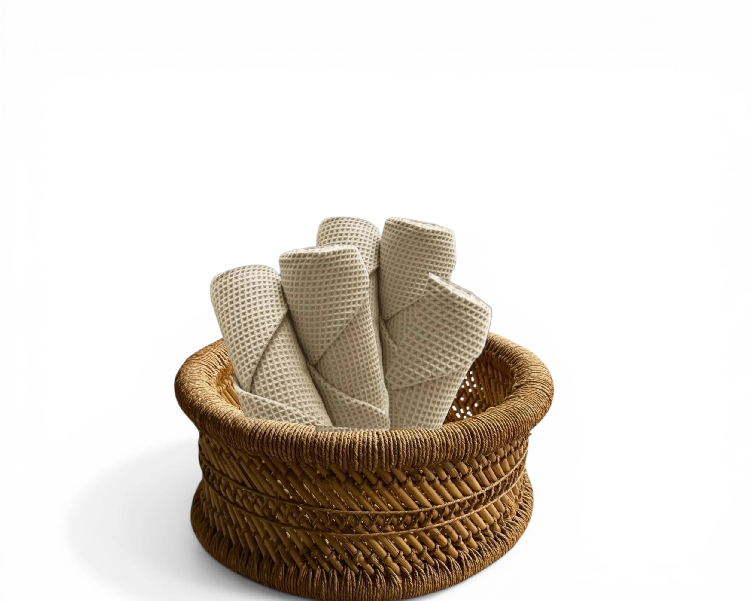 Rustic wicker catchall basket with sculptural rounded shape