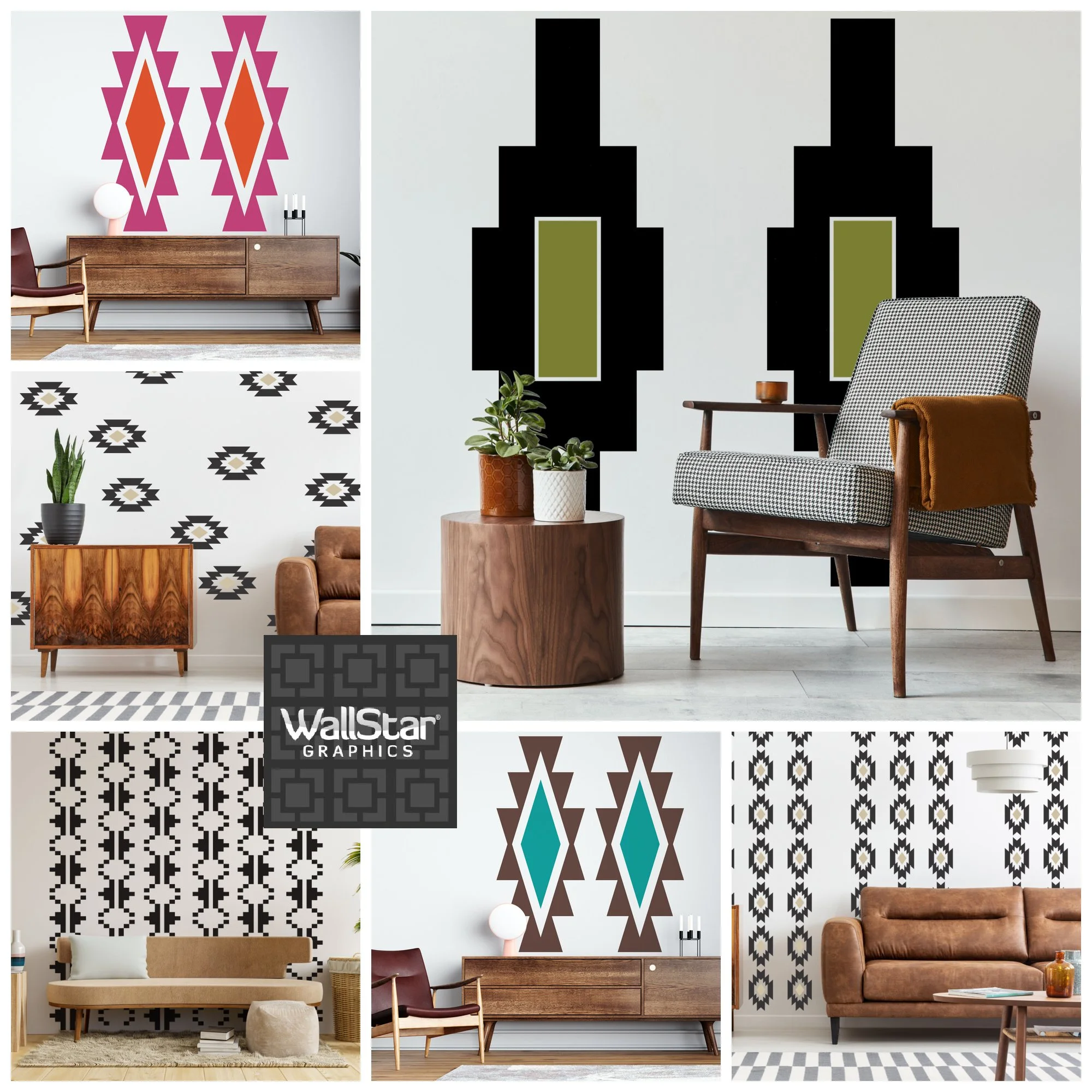 A collage of southwestern inspired vinyl wall decals by Wall Star Graphics, including geometric patterns, and feathers.