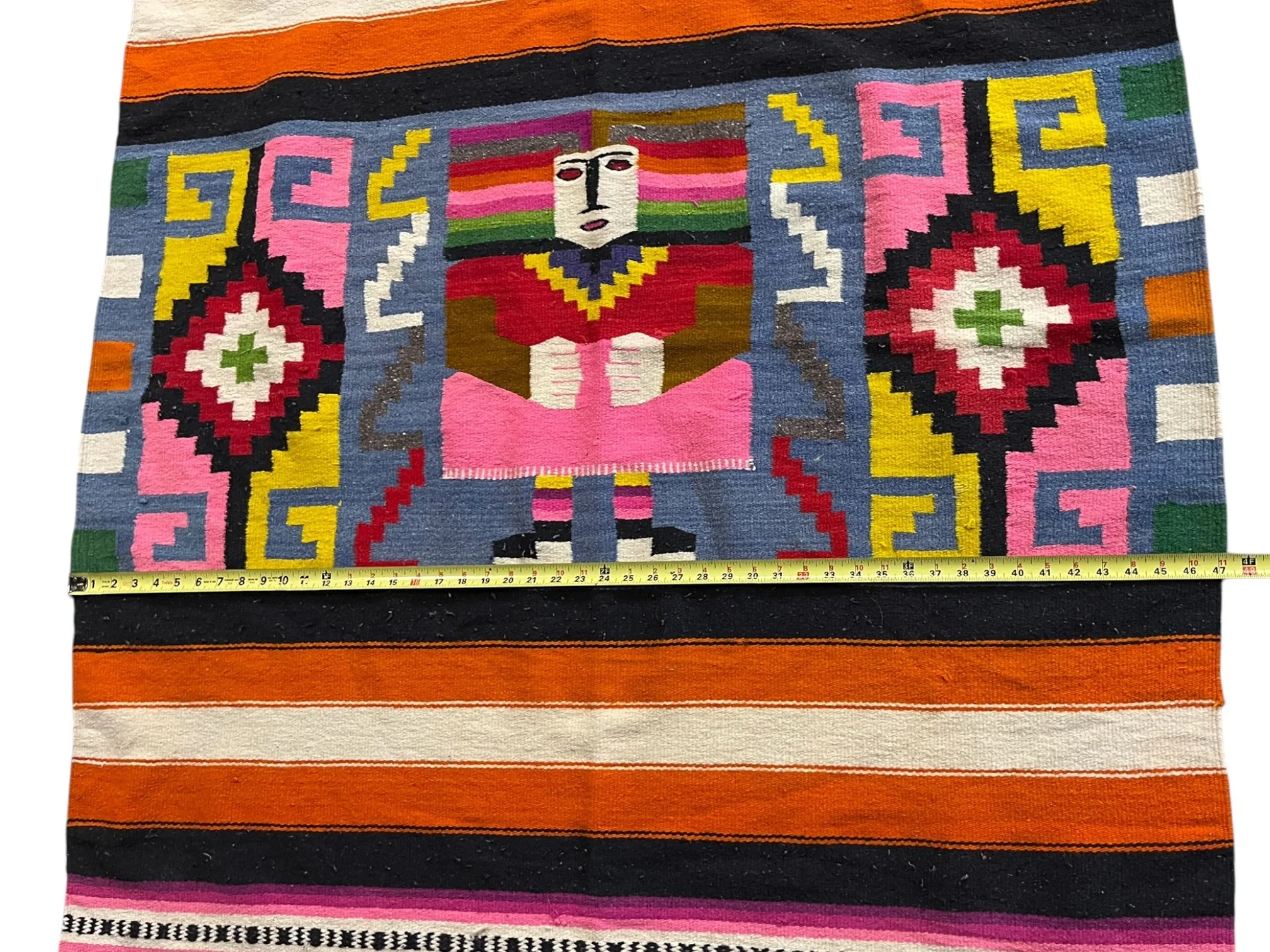 Vintage colorful handwoven Mexican blanket, 47x81, Southwestern geometric pattern, Mayan, Aztec, tribal, Kilim style textile. Perfect for southwestern or eclectic home interiors.