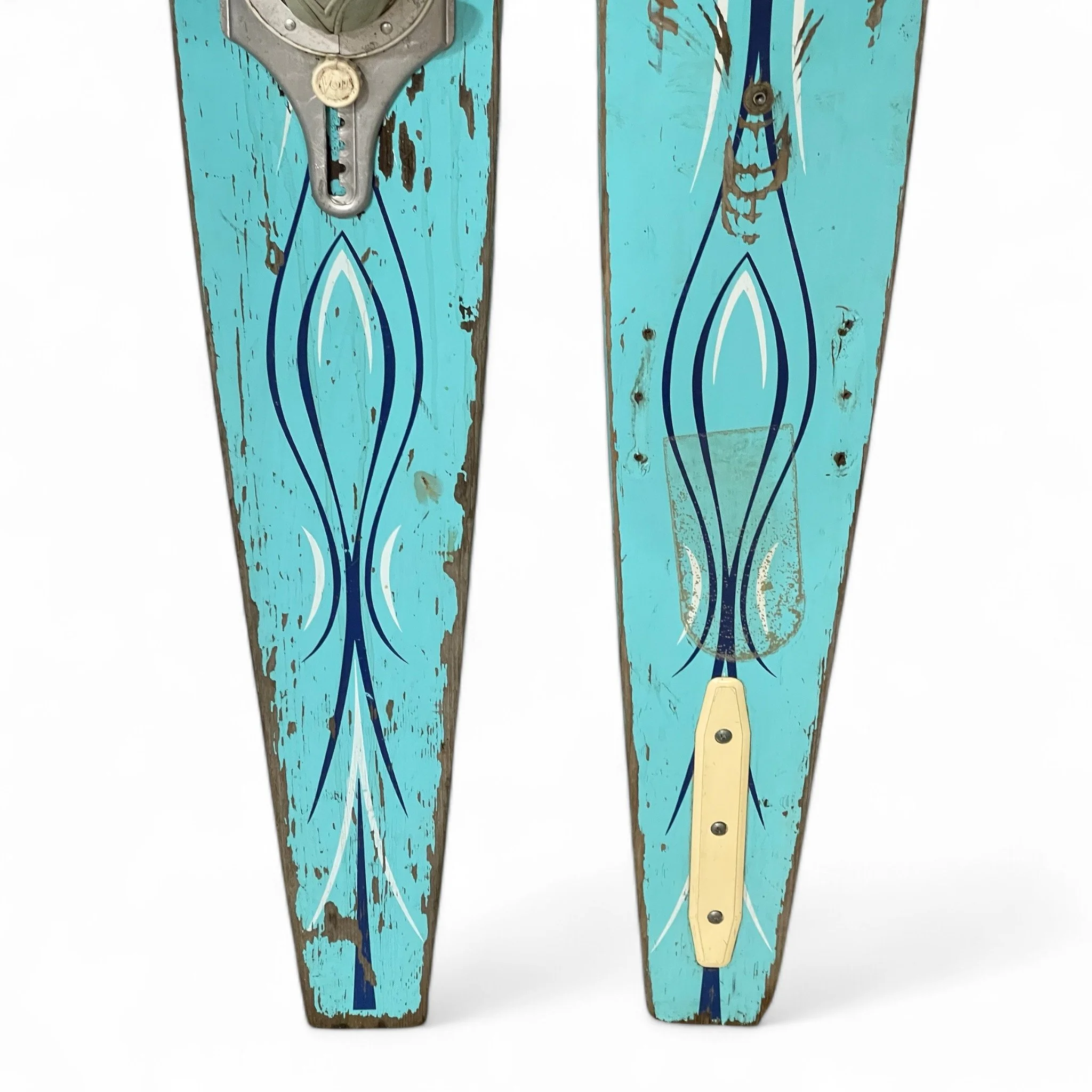 Vintage pair of Amf Voit Custom Turquoise wooden waterskis, well weathered, perfect for beach house or nautical decor.