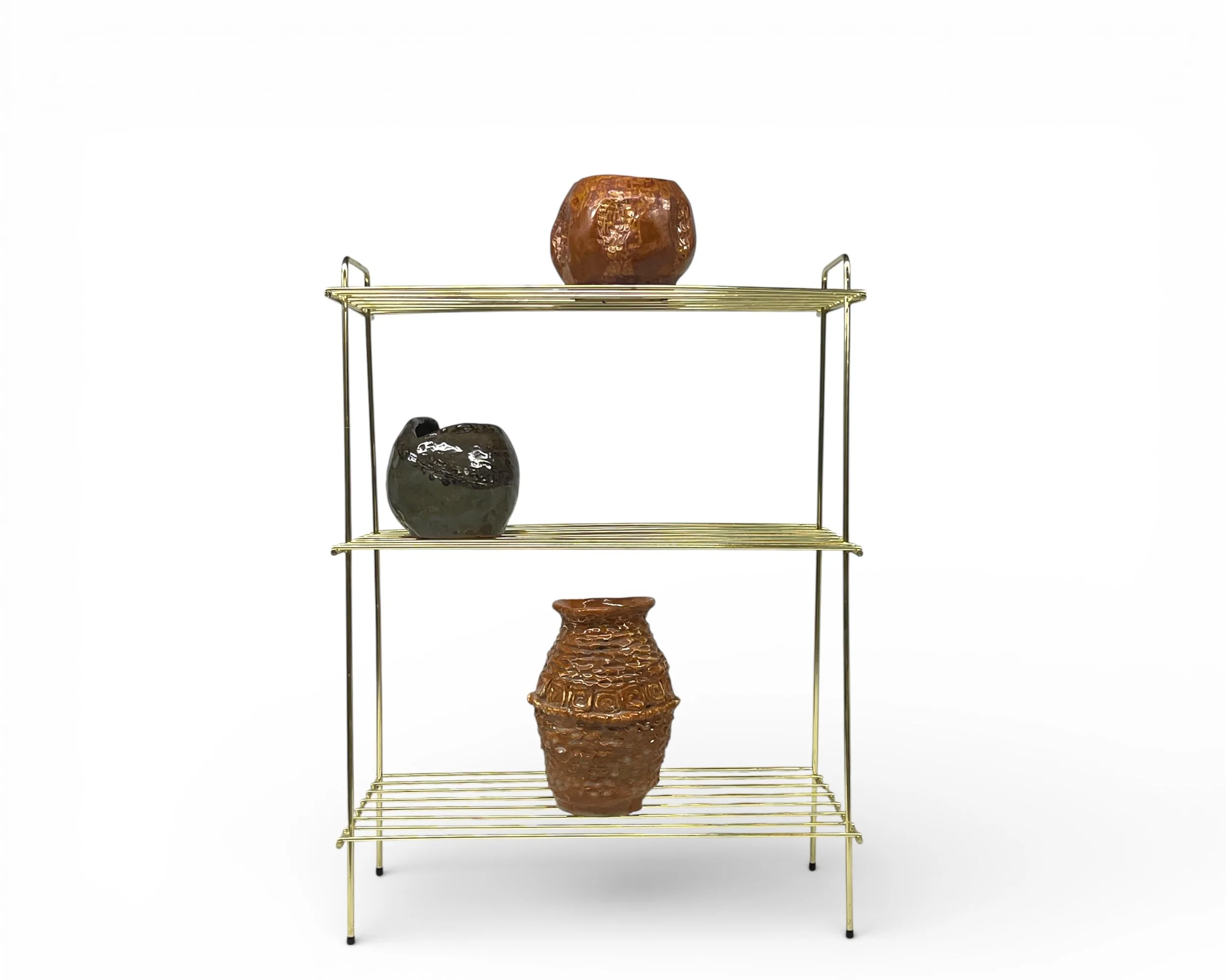 vintage mid century modern gold wire rack 3 tier shelf front view