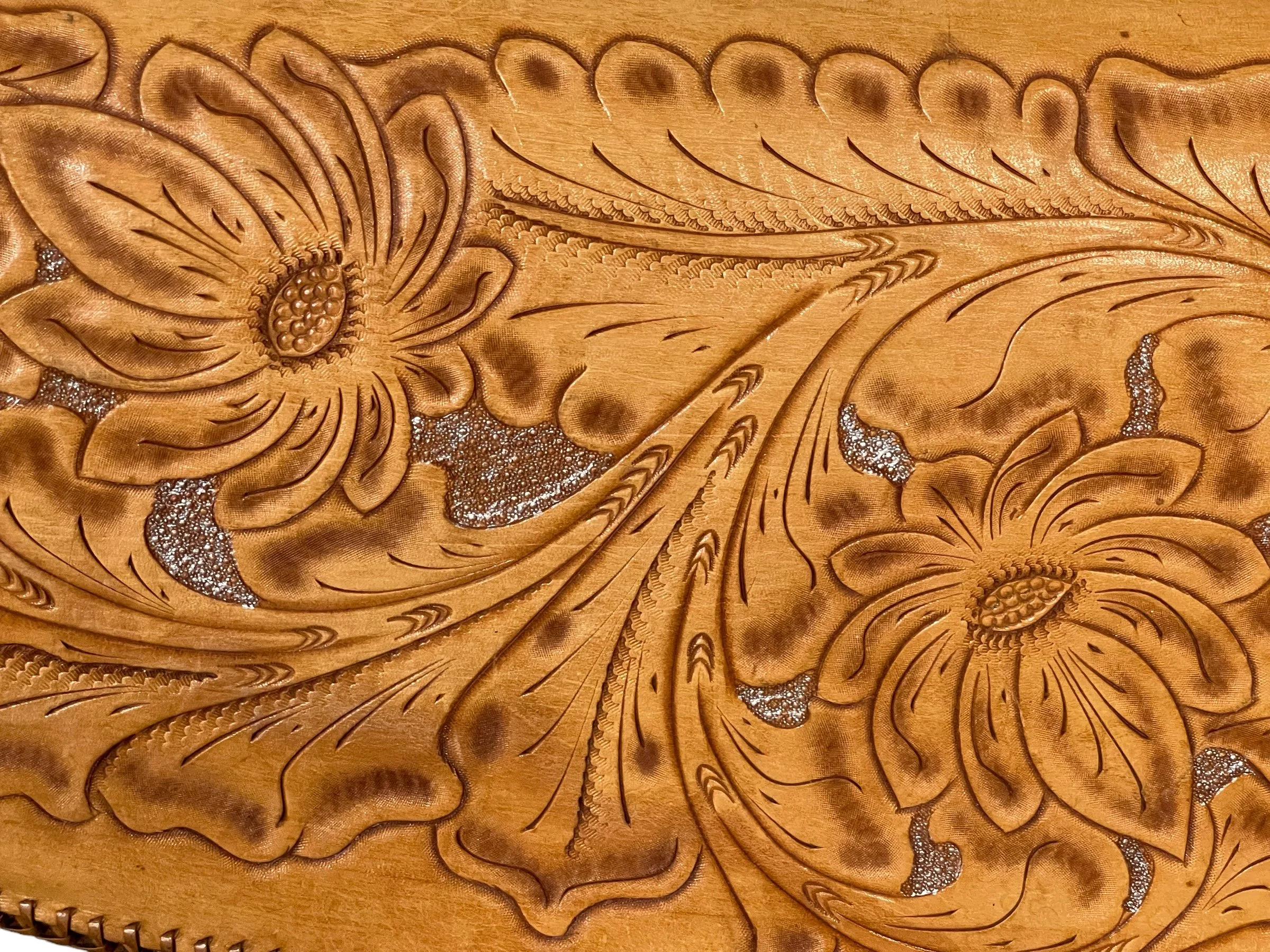 Vintage genuine leather hand tooled two piece rifle case lined in red fleece. Embossed flowers, deer on gun case.