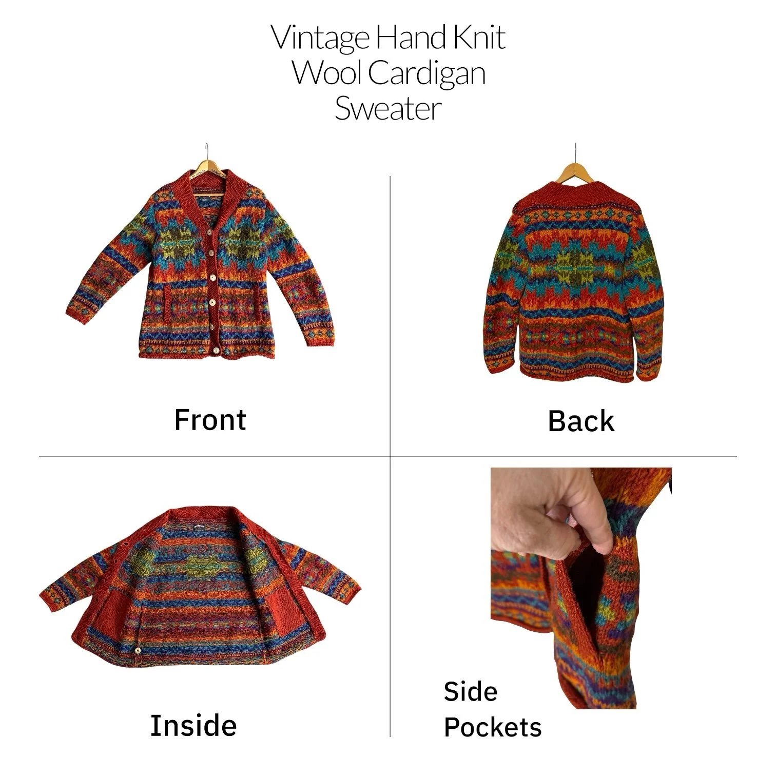 Collage showing front, back, and inside view along with view of side slant pockets on a colorful, geometric hand knit in Nepal with 100 percent Kettle dyed wool
