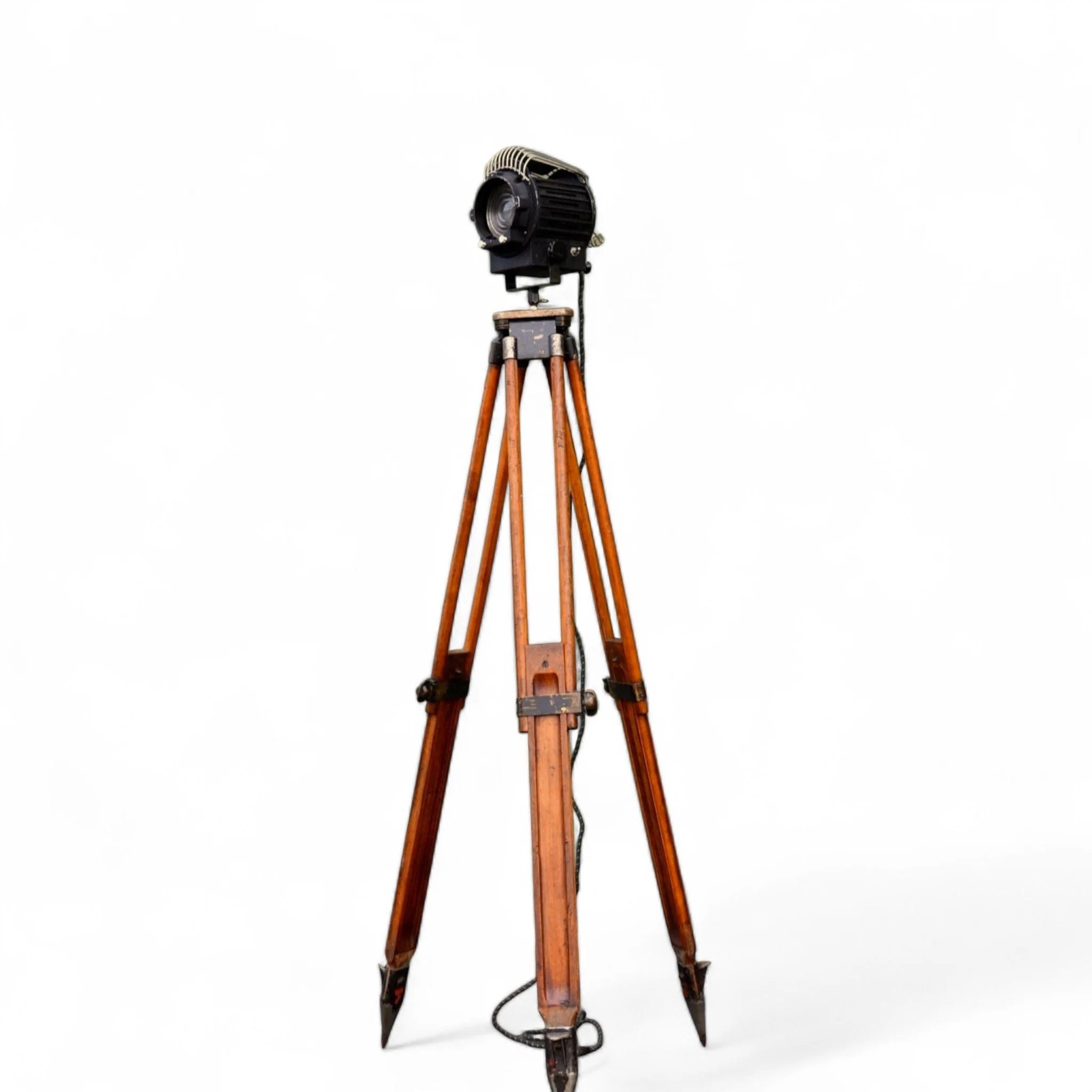 Vintage Bantam Super Spot spotlight pair with a vintage Dietzgen wooden tripod for an upcycled floor lamp