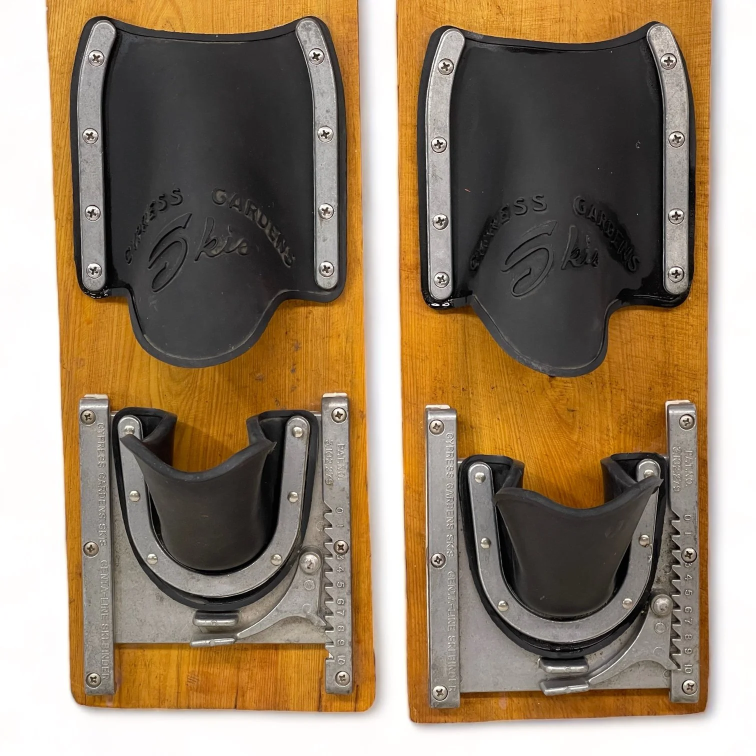 Vintage pair of Cypress Gardens trick wooden water skis, 19 3/4 inches with bindings.