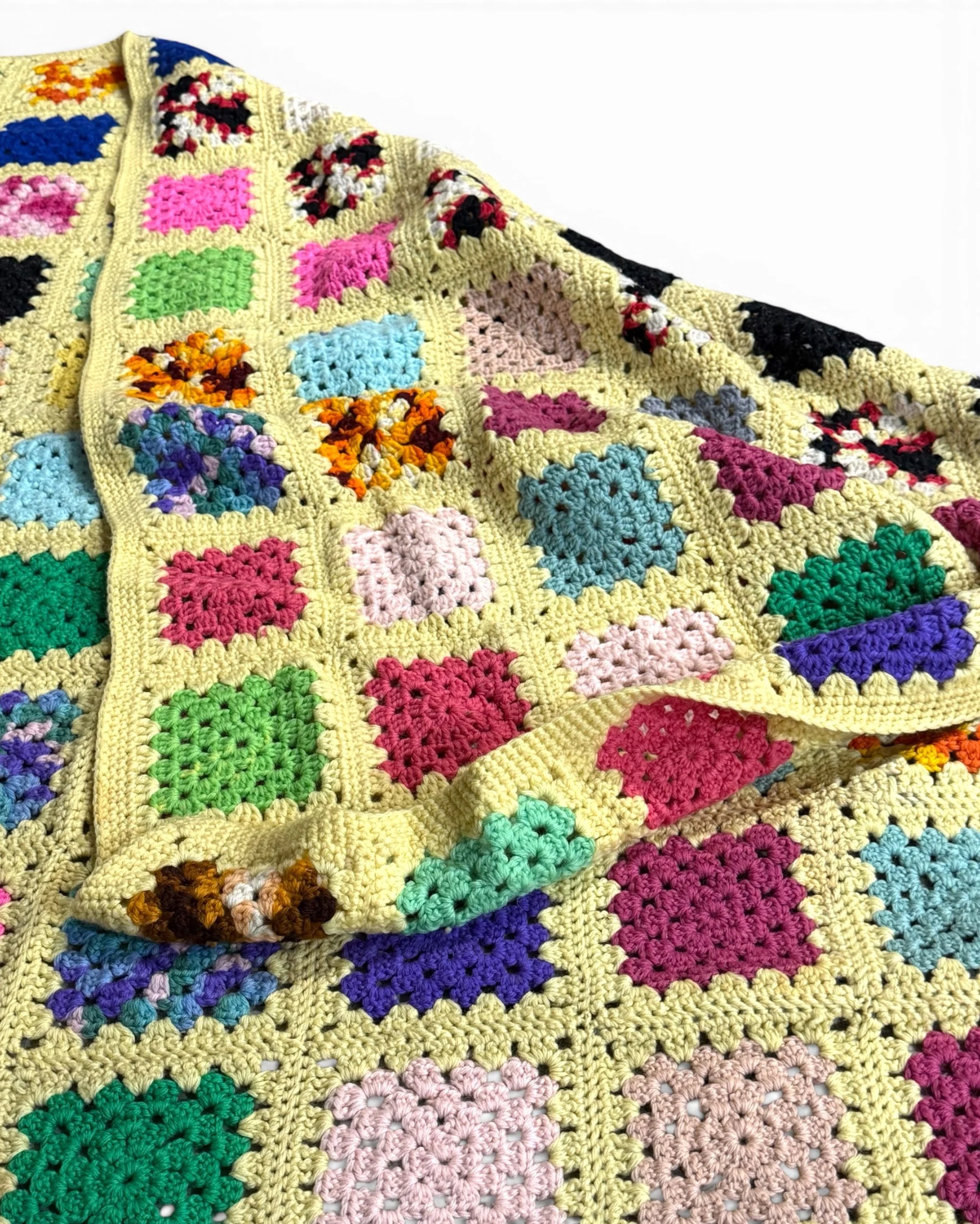 colorful vintage handmade granny square crochet afghan quilt, 88x94 queen