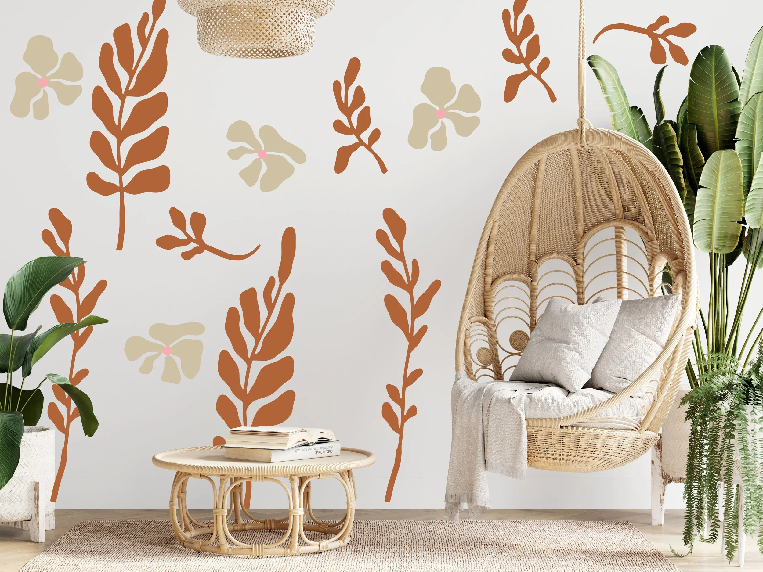 Botanical and flower 12 piece removable vinyl wall decal set in various sizes, 3 colors, perfect for boho or cottagcore decor.