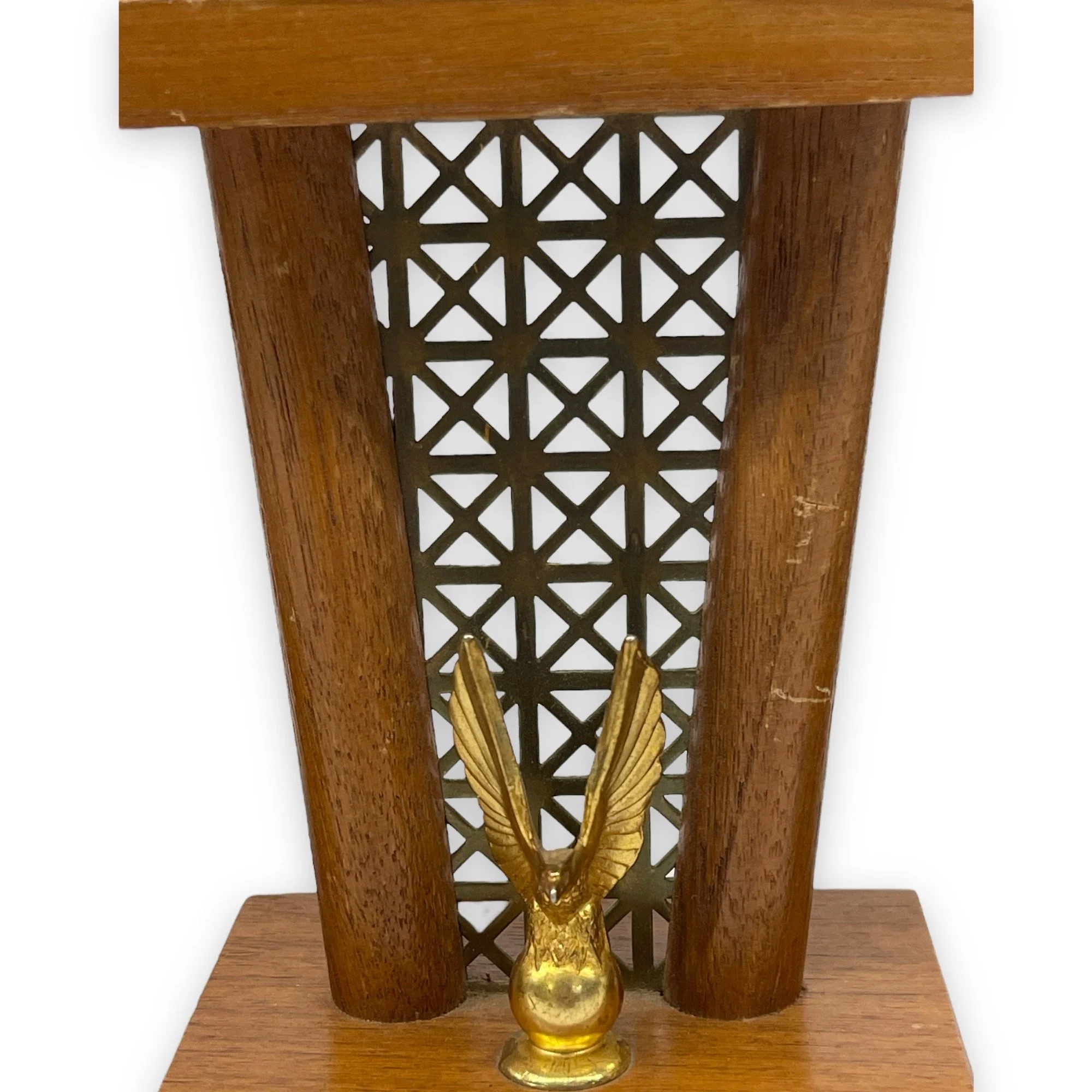 Vintage set of 3 trophies in mid century modern designs. Trophies are from the 50s and 60s and are made of wood with gold metal engraved plates.