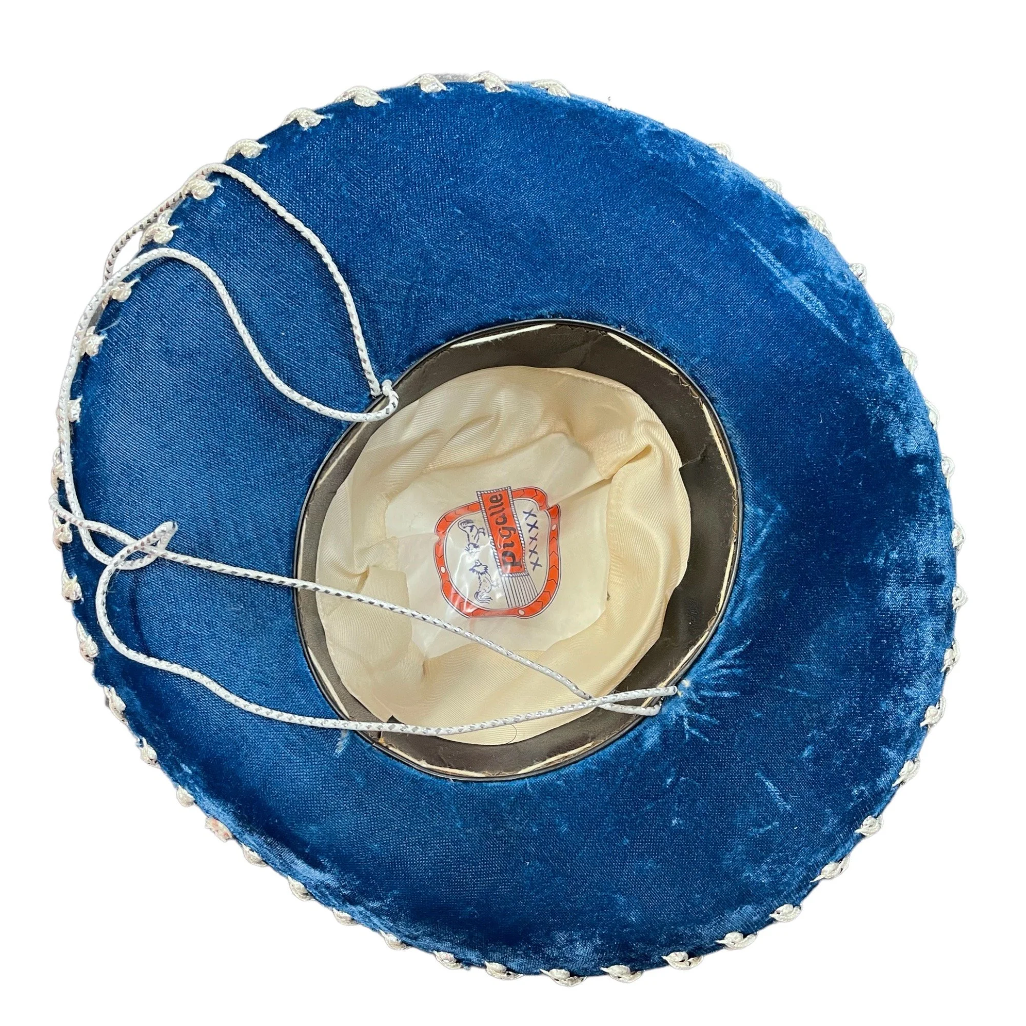 Vintage pair Sombrero Hats for Kids - Felt Sequined, High Crowned Sombreros, vibrant blue with white detailing and silver sequins.