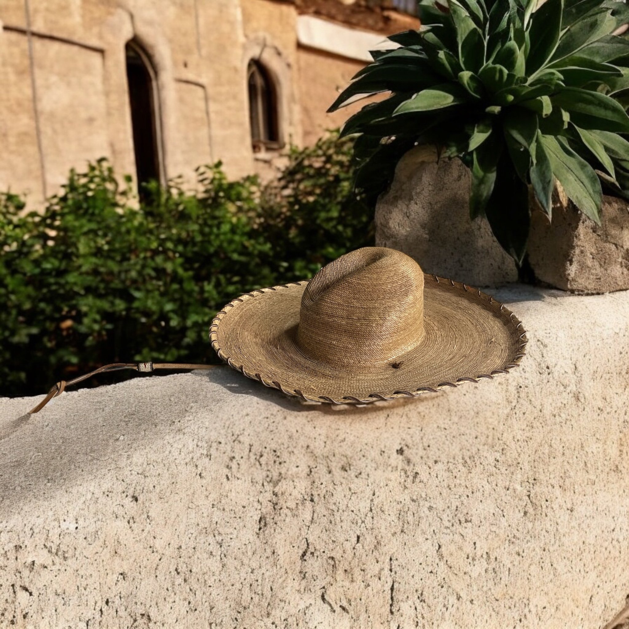 Vintage straw, palm leaf Sombrero Hat with leather whipstitch and chin strap. Authentic Mexican High Crowned, Doreman Burns artist.